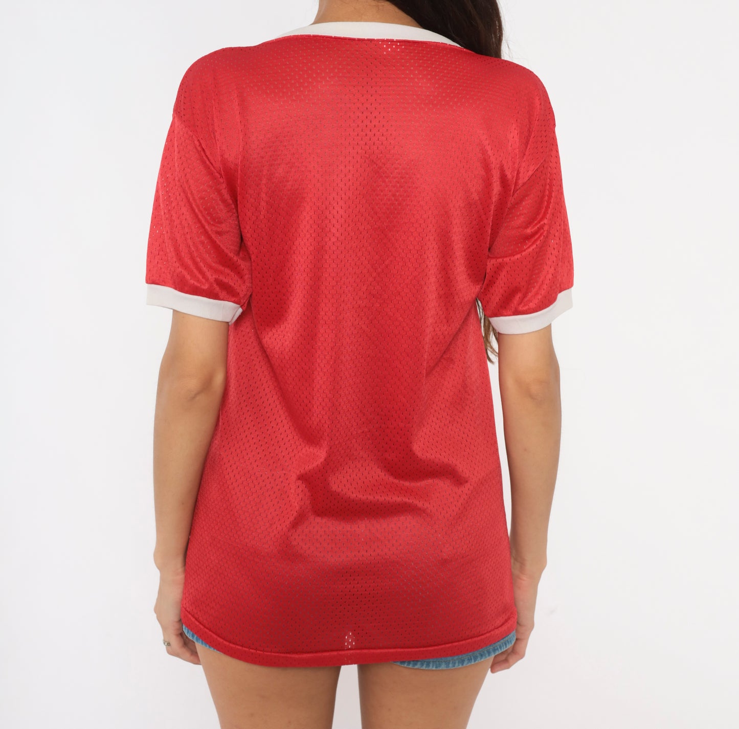 80s University New Mexico Mesh Jersey Red Cherry Athletic Collegiate Ringer Tee Short Sleeve Sporty Varsity Practice Shirt Vintage Medium M