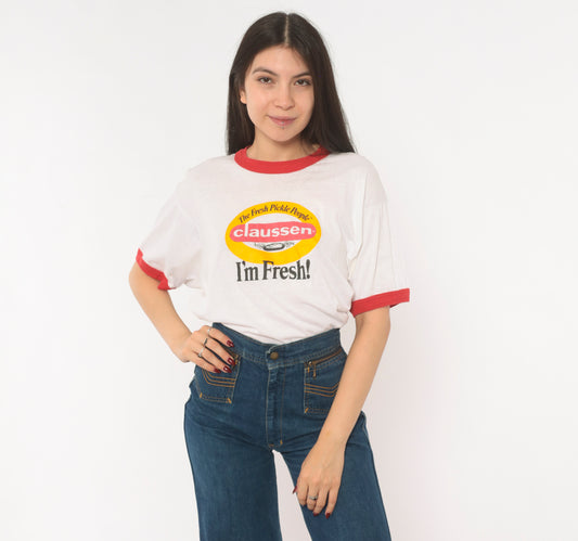 Claussen Pickles Ringer Tee 90s White Red Trim Novelty Food Brand Graphic Print Short Sleeve Cotton Funny Promo Vintage Screen Stars Large L