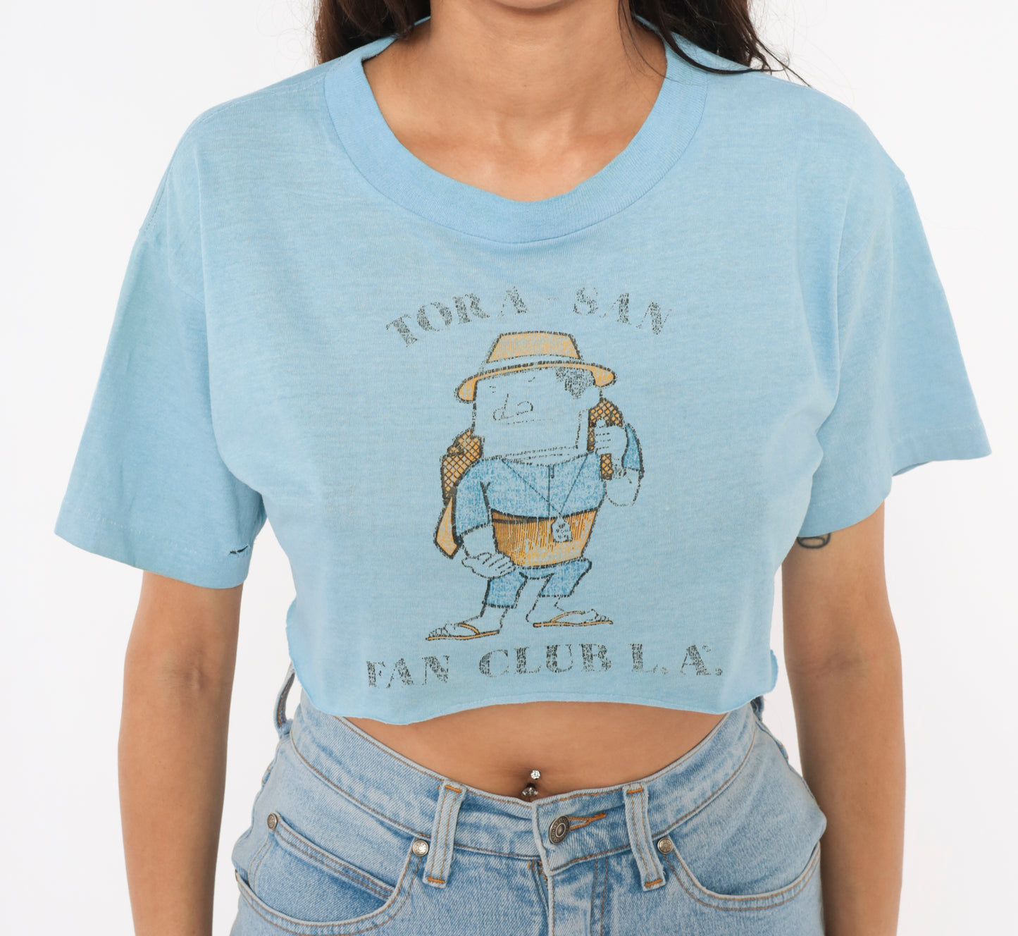 Tora San Fan Club LA Crop Top 80s Japanese Film Cartoon Graphic Tee Light Blue Cotton Cropped Baby Shirt Anime Character Vintage Medium M