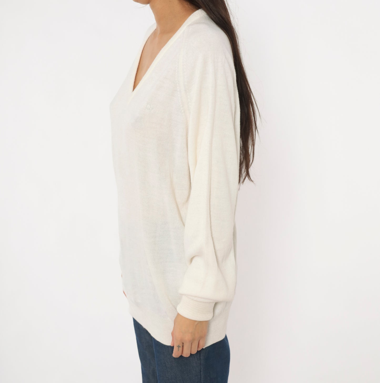 Christian Dior V Neck Sweater 80s Cream Pullover Knit Long Sleeve Tunic Length Off White Vintage Designer Preppy Collegiate Top Large L