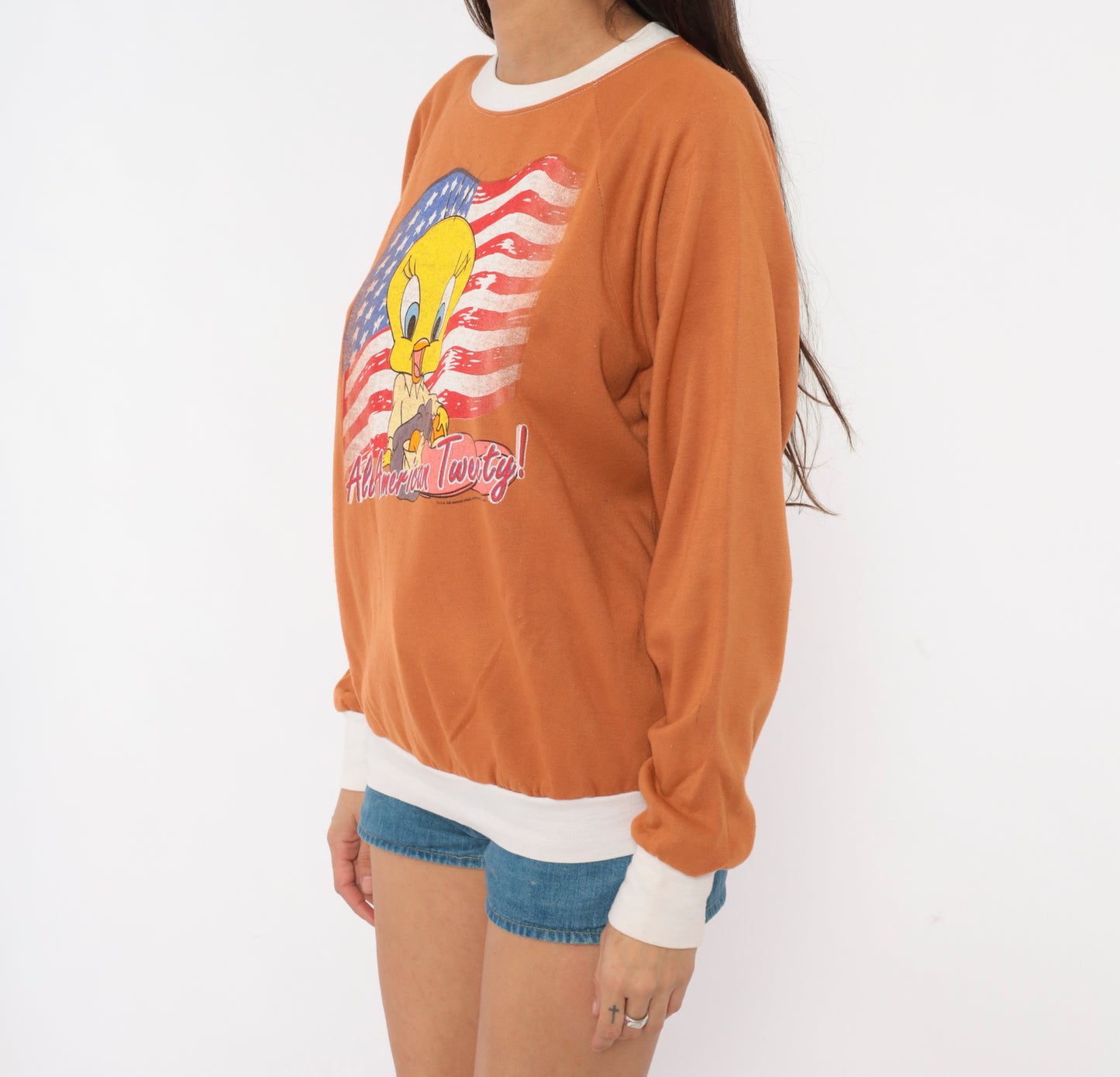 All American Tweety Sweatshirt 90s Looney Tunes Burnt Orange Raglan Sleeve Cartoon Flag Ringer Copper Vintage Warner Bros Sweater Small S