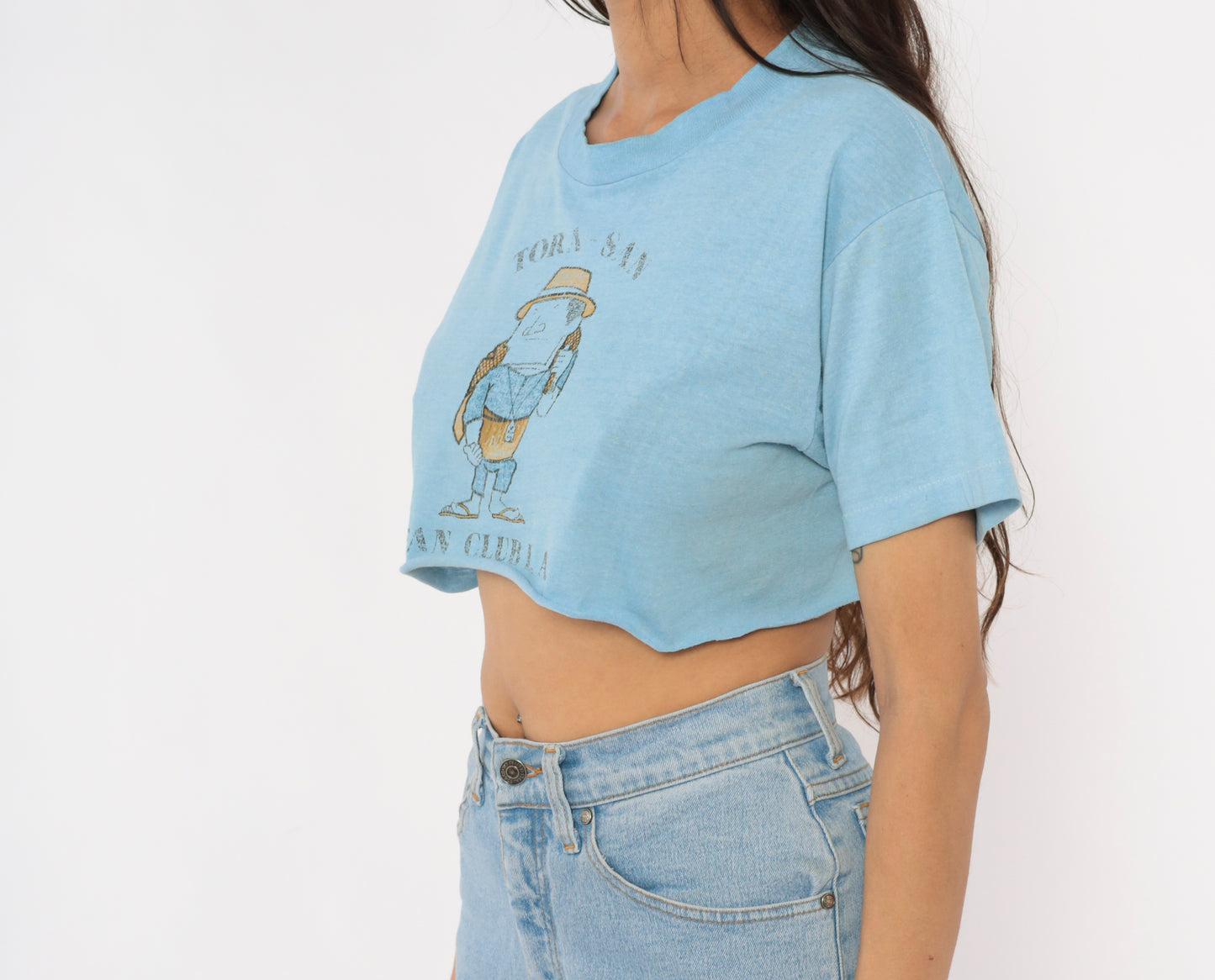Tora San Fan Club LA Crop Top 80s Japanese Film Cartoon Graphic Tee Light Blue Cotton Cropped Baby Shirt Anime Character Vintage Medium M