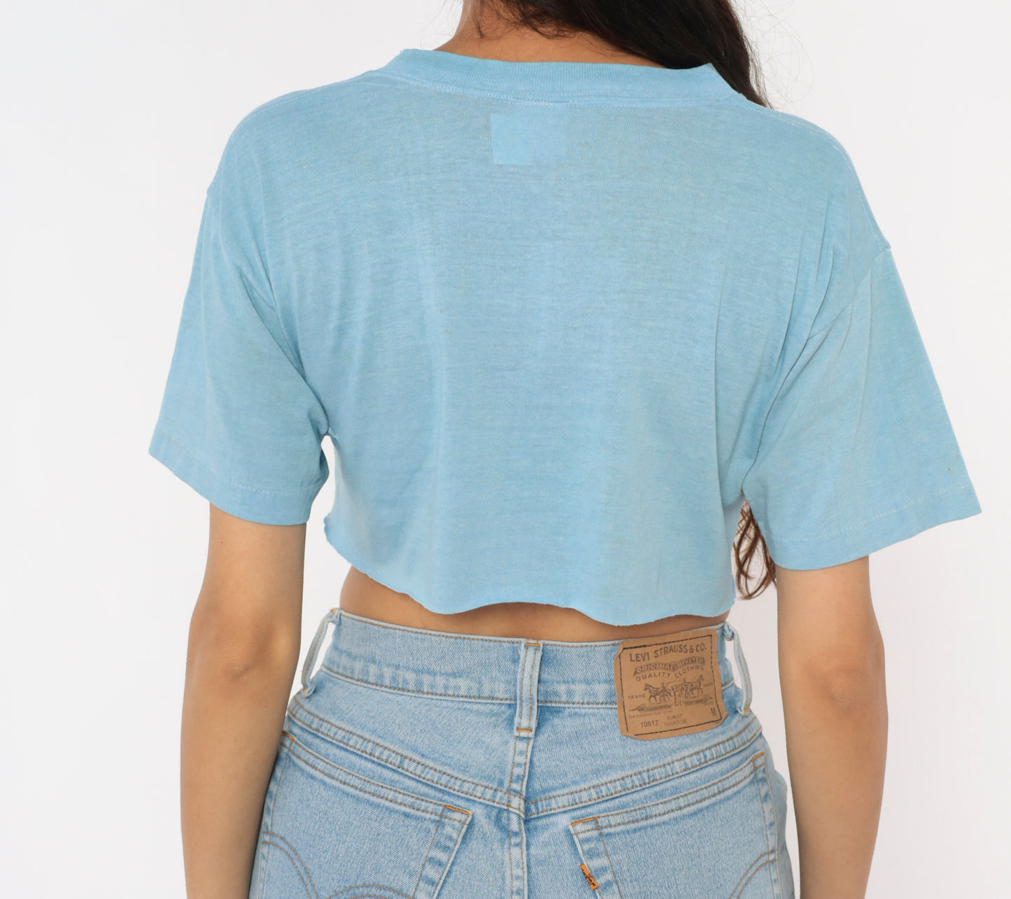 Tora San Fan Club LA Crop Top 80s Japanese Film Cartoon Graphic Tee Light Blue Cotton Cropped Baby Shirt Anime Character Vintage Medium M