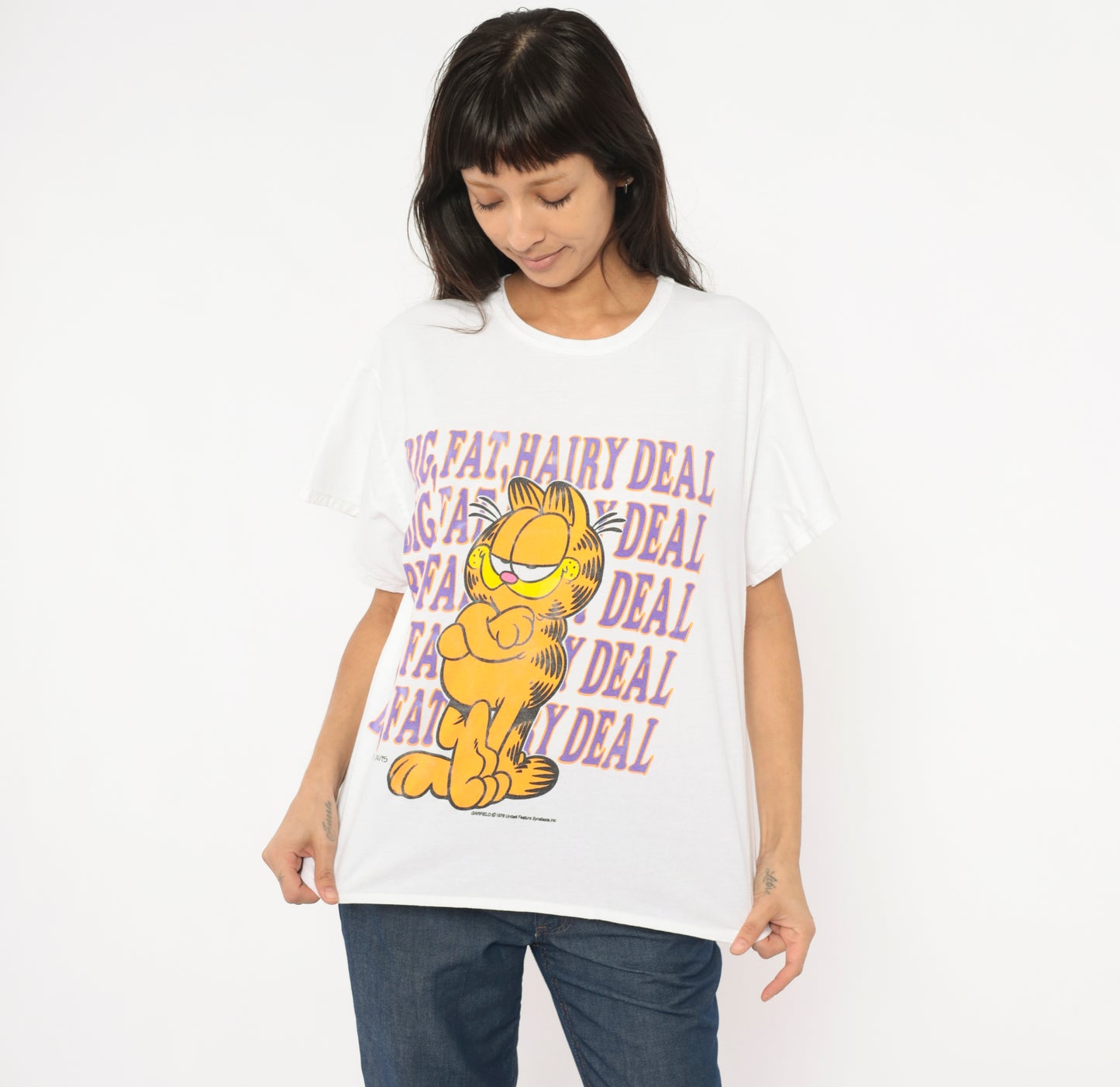 Garfield Big Fat Hairy Deal Tee 90s Cartoon Cat Cotton Short Sleeve Jim Davis Comic Strip Novelty Funny Vintage Shirt Medium To Large M L