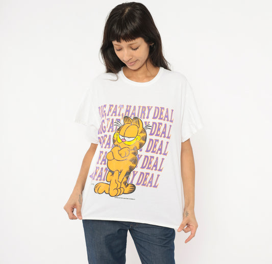 Garfield Big Fat Hairy Deal Tee 90s Cartoon Cat Cotton Short Sleeve Jim Davis Comic Strip Novelty Funny Vintage Shirt Medium To Large M L