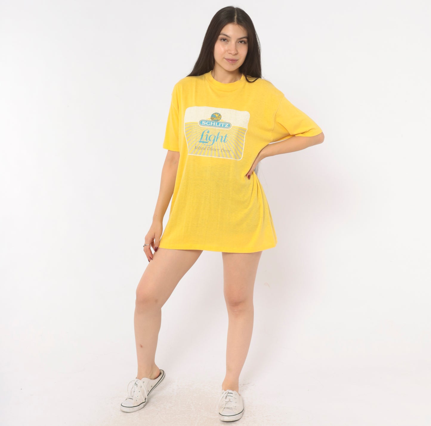 80s Schlitz Beer Tee Yellow Graphic Shirt Brewery Promo Pilsner Logo Cotton Boxy Gold Mustard Faded Worn Breweriana Vintage Extra Large XL