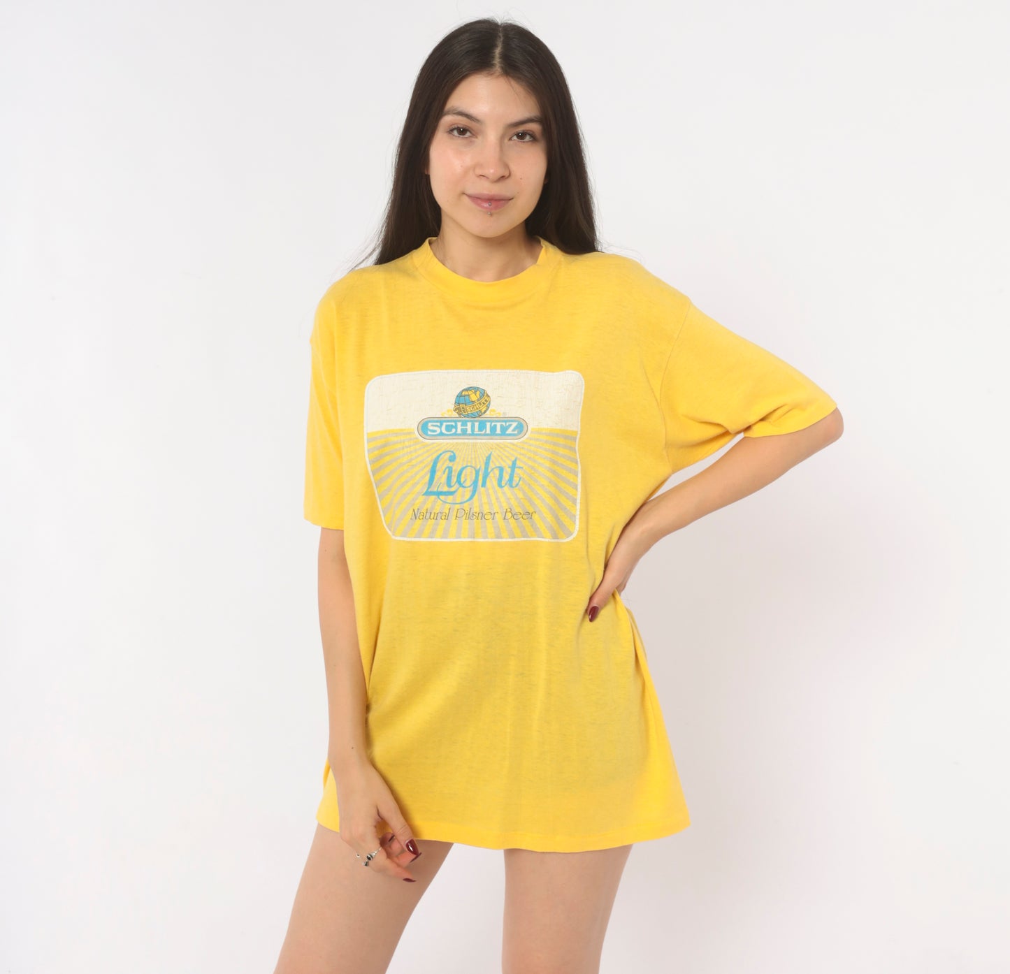80s Schlitz Beer Tee Yellow Graphic Shirt Brewery Promo Pilsner Logo Cotton Boxy Gold Mustard Faded Worn Breweriana Vintage Extra Large XL