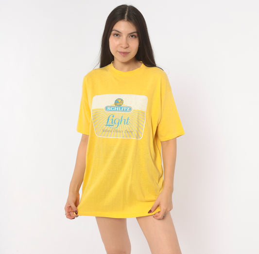 80s Schlitz Beer Tee Yellow Graphic Shirt Brewery Promo Pilsner Logo Cotton Boxy Gold Mustard Faded Worn Breweriana Vintage Extra Large XL