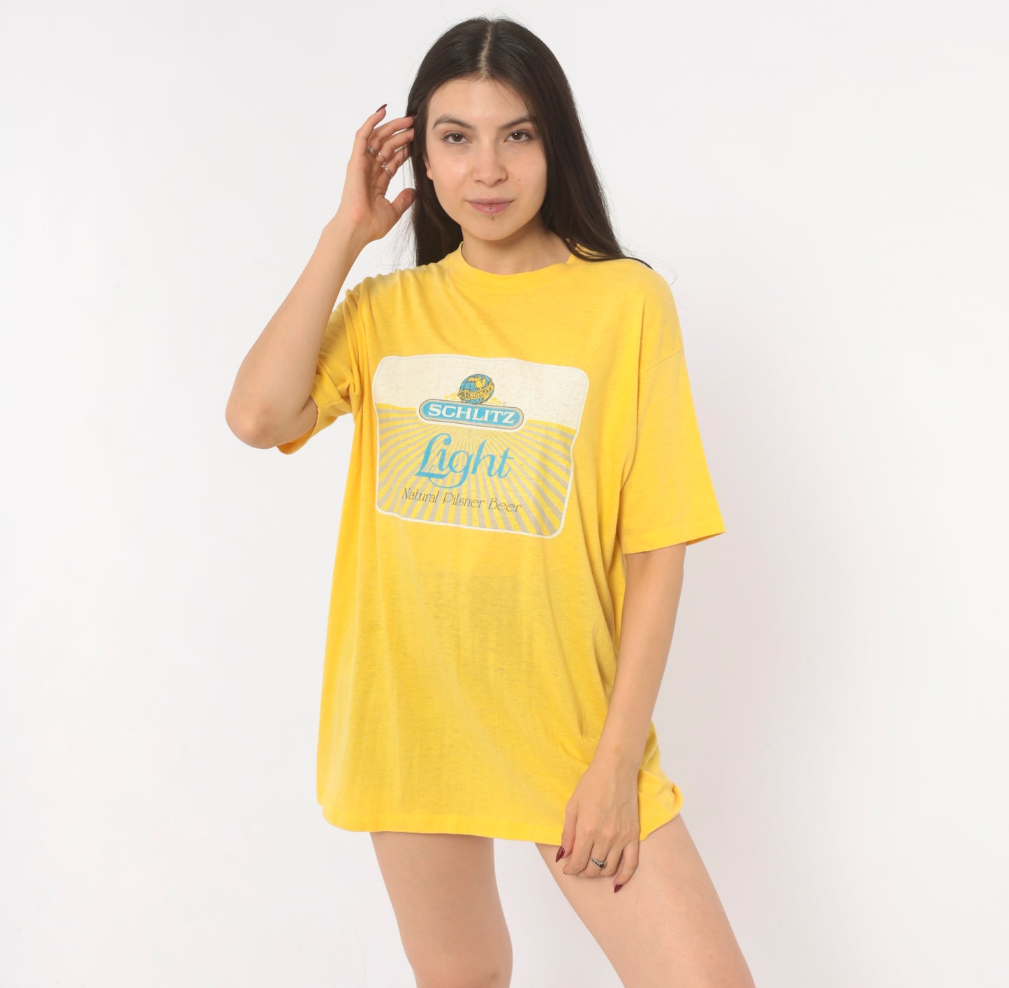 80s Schlitz Beer Tee Yellow Graphic Shirt Brewery Promo Pilsner Logo Cotton Boxy Gold Mustard Faded Worn Breweriana Vintage Extra Large XL