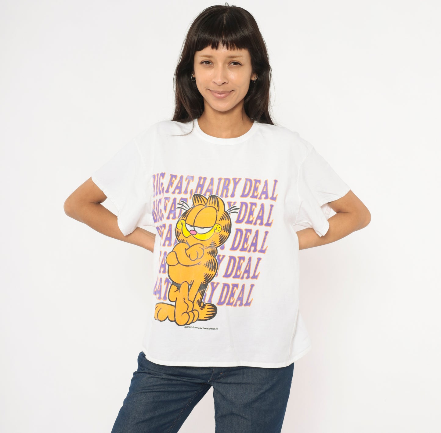 Garfield Big Fat Hairy Deal Tee 90s Cartoon Cat Cotton Short Sleeve Jim Davis Comic Strip Novelty Funny Vintage Shirt Medium To Large M L