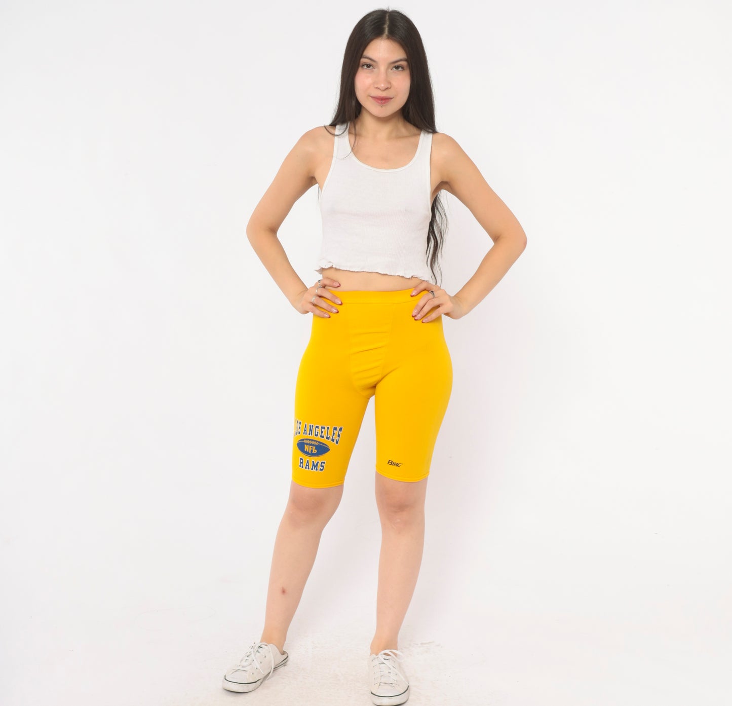 80s LA Rams NFL Bike Shorts Yellow Gold Compression Spandex Football Cycling Athletic Sportswear Graphic Vintage Activewear Extra Small XS