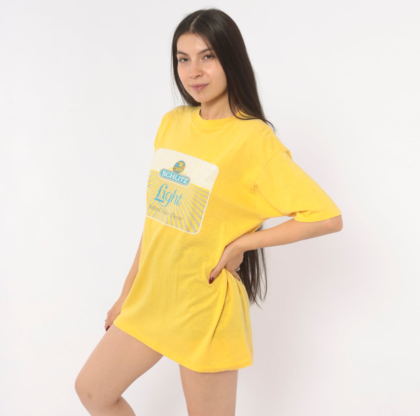 80s Schlitz Beer Tee Yellow Graphic Shirt Brewery Promo Pilsner Logo Cotton Boxy Gold Mustard Faded Worn Breweriana Vintage Extra Large XL