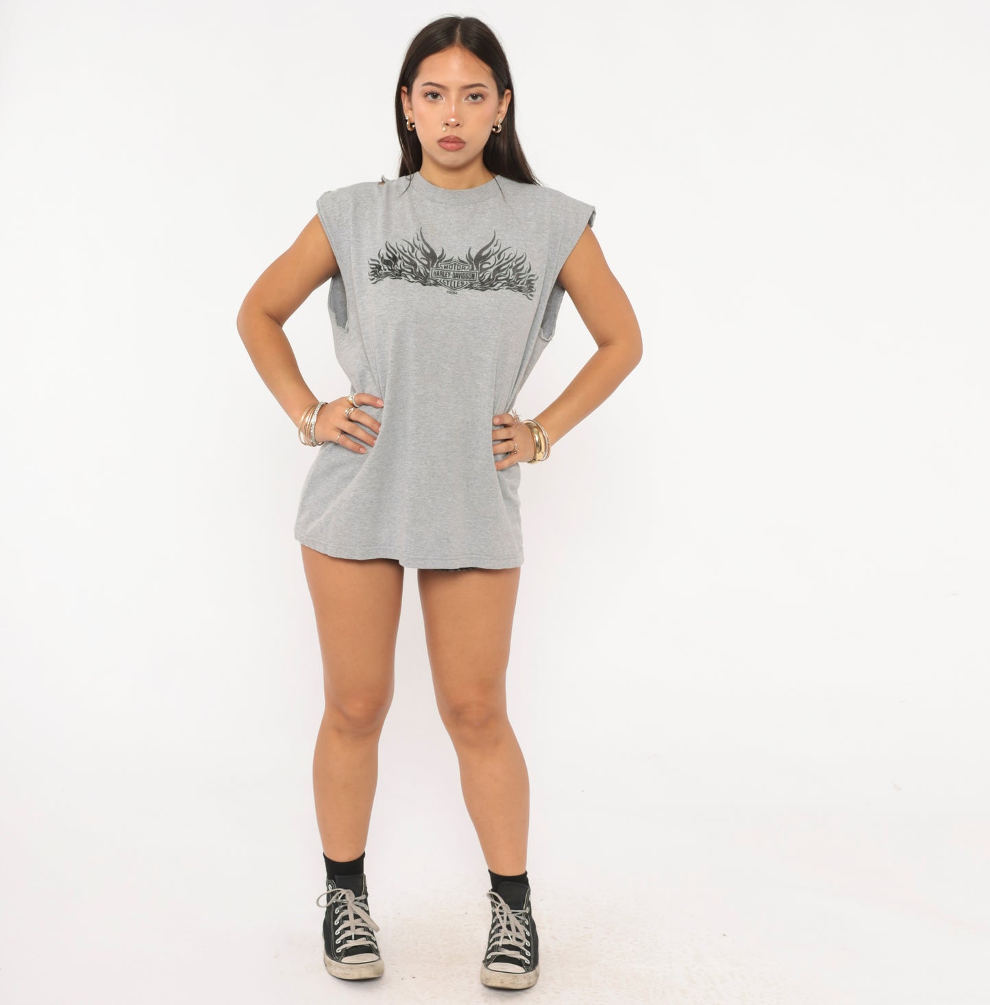 Harley Davidson Flames Sleeveless Tee 2004 Grey Motorcycle Biker Cut Off Tank Gray Cotton Distressed Grunge Muscle Shirt Vintage Large L
