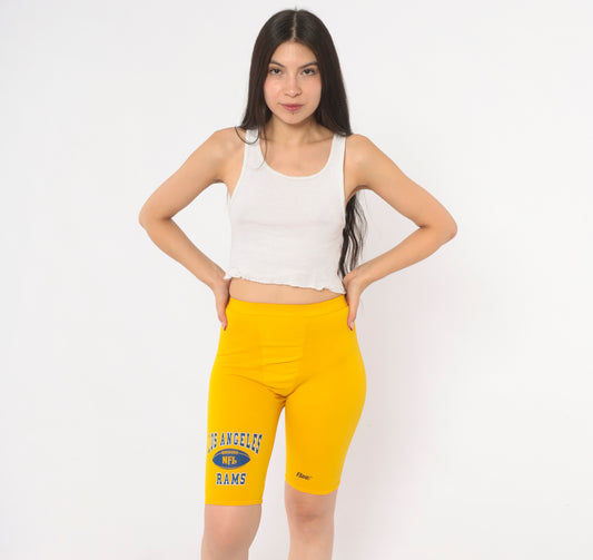 80s LA Rams NFL Bike Shorts Yellow Gold Compression Spandex Football Cycling Athletic Sportswear Graphic Vintage Activewear Extra Small XS