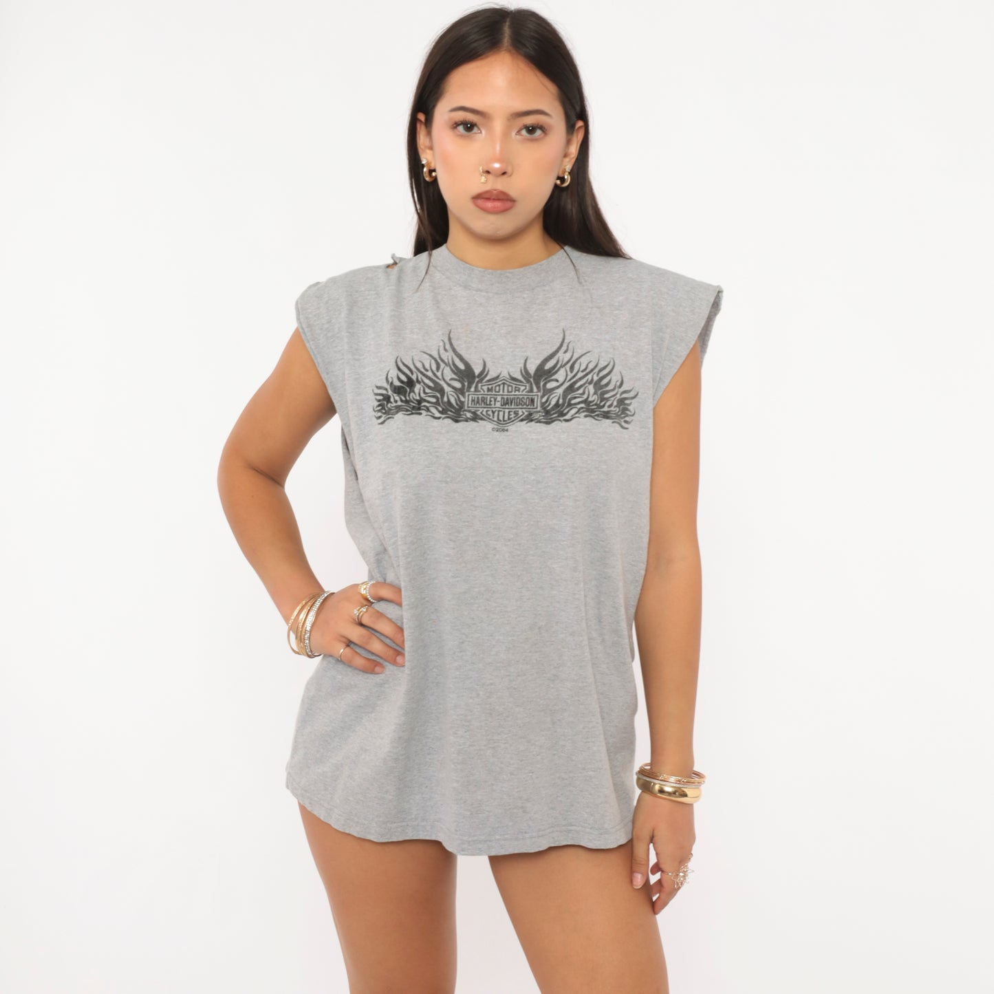 Harley Davidson Flames Sleeveless Tee 2004 Grey Motorcycle Biker Cut Off Tank Gray Cotton Distressed Grunge Muscle Shirt Vintage Large L
