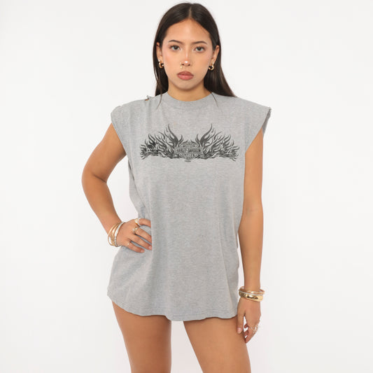 Harley Davidson Flames Sleeveless Tee 2004 Grey Motorcycle Biker Cut Off Tank Gray Cotton Distressed Grunge Muscle Shirt Vintage Large L
