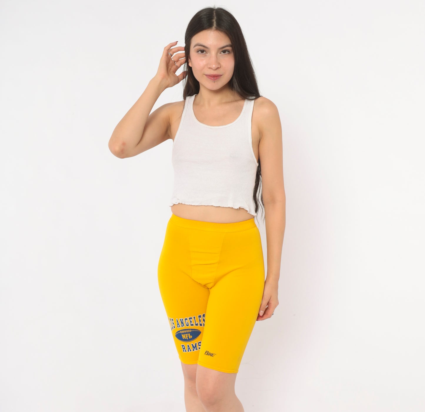 80s LA Rams NFL Bike Shorts Yellow Gold Compression Spandex Football Cycling Athletic Sportswear Graphic Vintage Activewear Extra Small XS