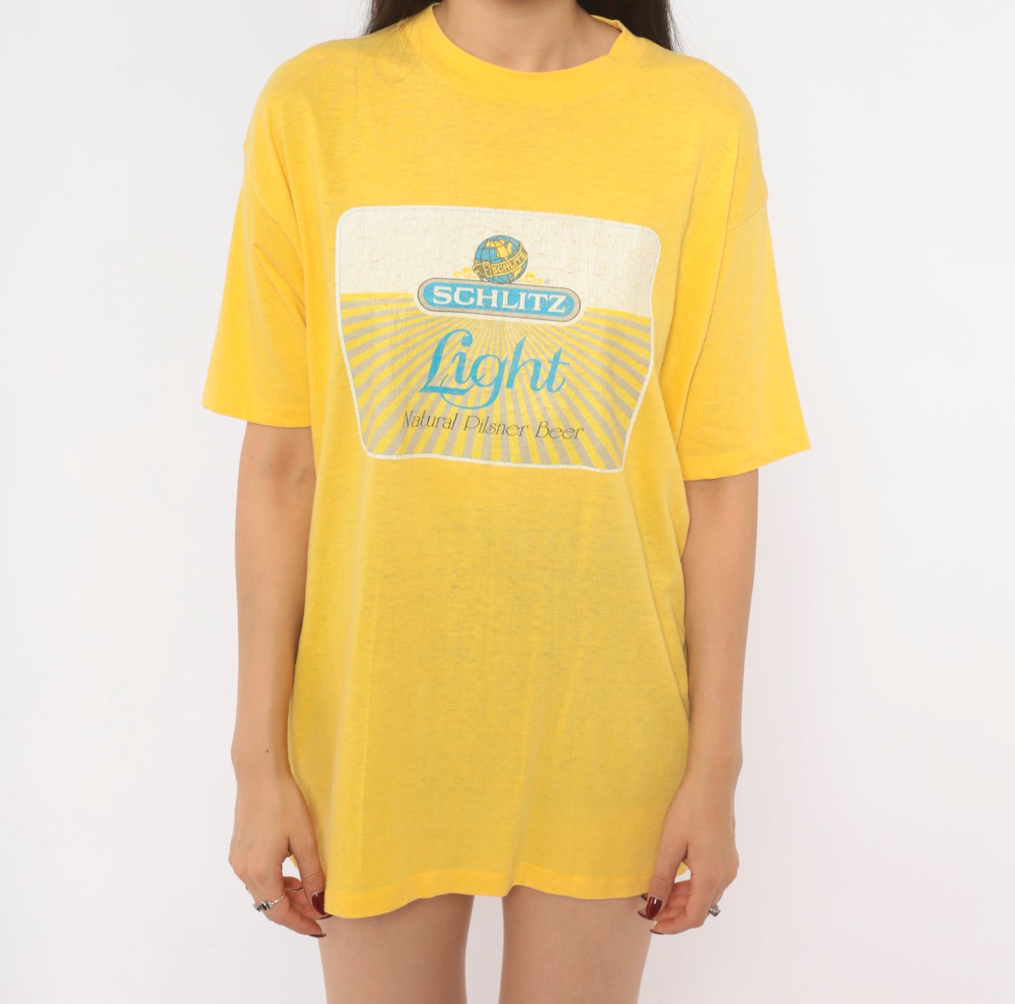 80s Schlitz Beer Tee Yellow Graphic Shirt Brewery Promo Pilsner Logo Cotton Boxy Gold Mustard Faded Worn Breweriana Vintage Extra Large XL