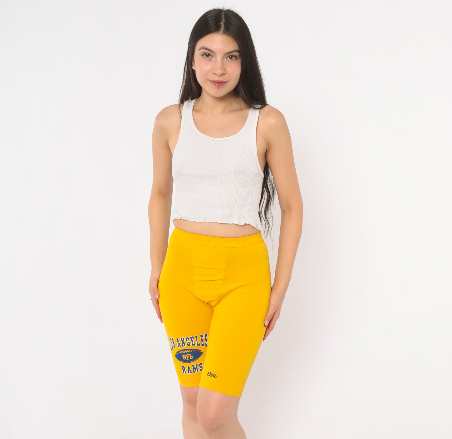80s LA Rams NFL Bike Shorts Yellow Gold Compression Spandex Football Cycling Athletic Sportswear Graphic Vintage Activewear Extra Small XS
