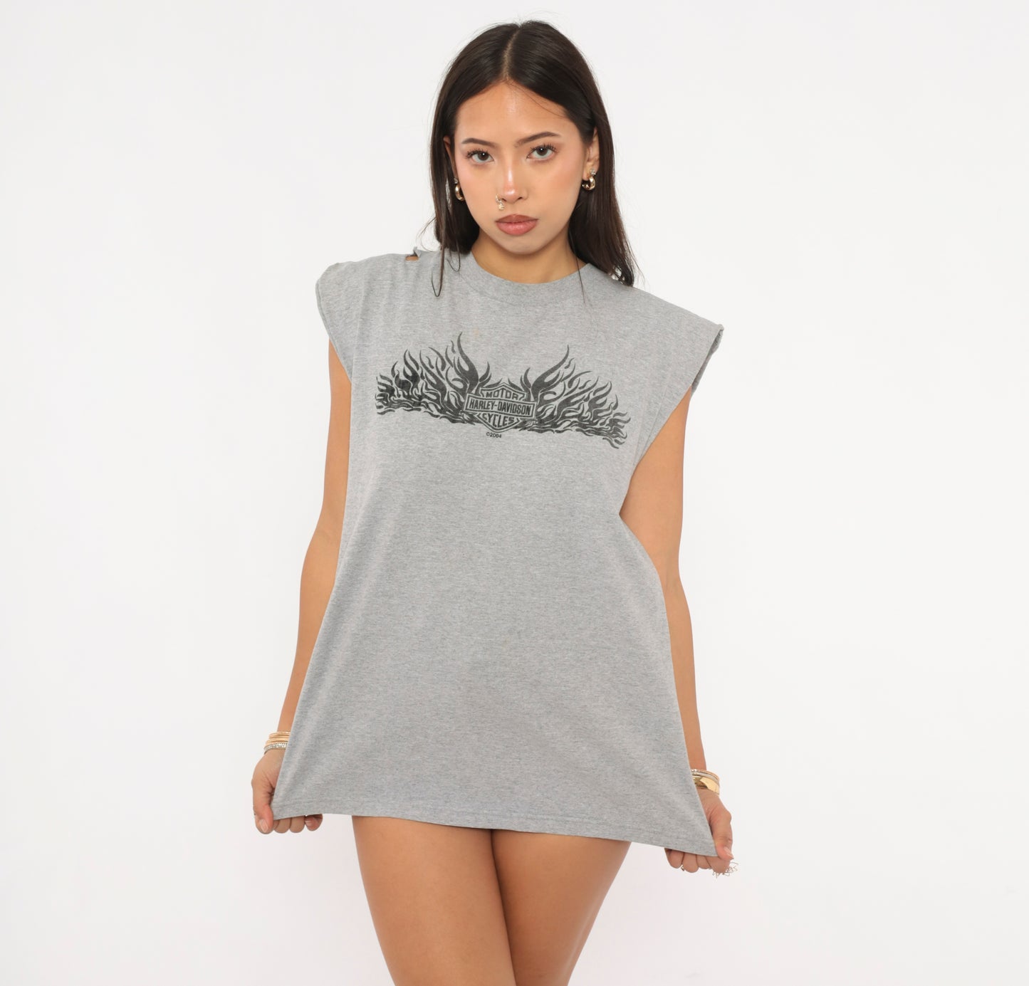 Harley Davidson Flames Sleeveless Tee 2004 Grey Motorcycle Biker Cut Off Tank Gray Cotton Distressed Grunge Muscle Shirt Vintage Large L