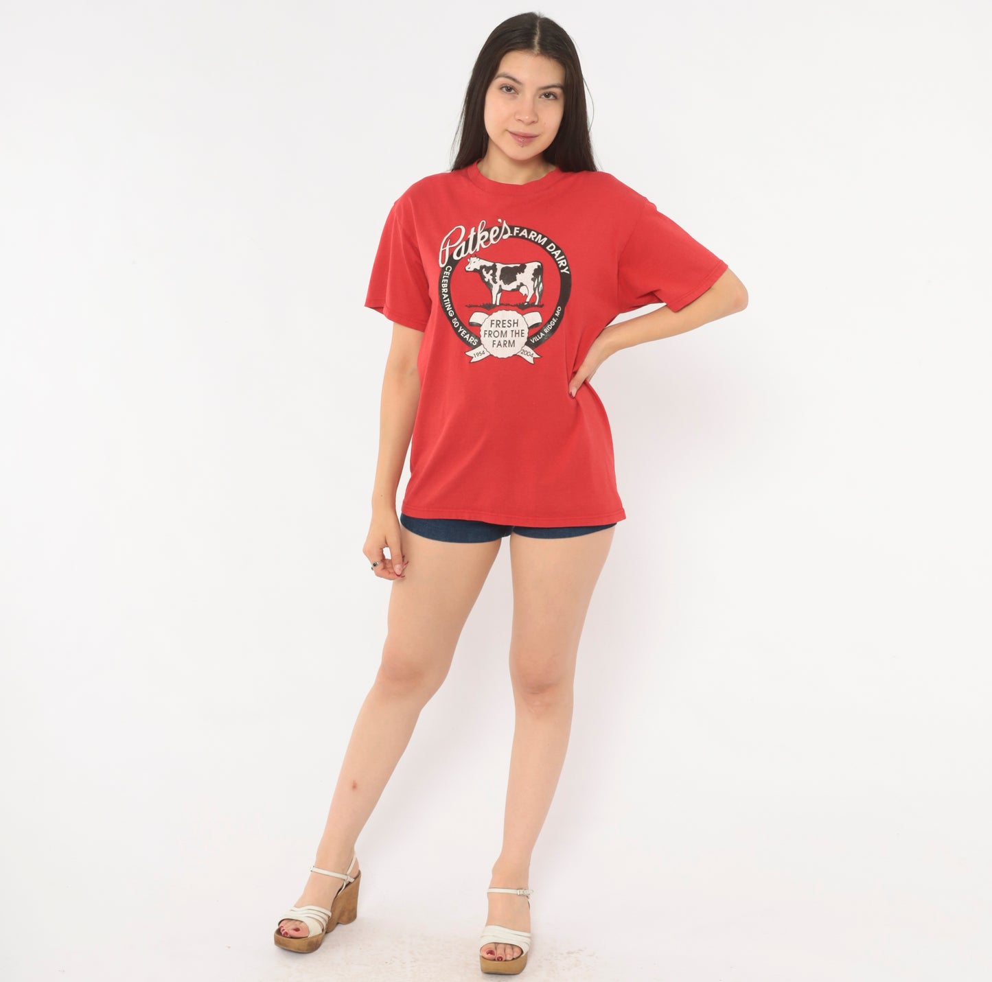 Patkes Farm Dairy Tee 90s Cow Graphic Print Red Cotton Shirt Villa Ridge Missouri Anniversary Vintage Short Sleeve Tomato Crimson Large L