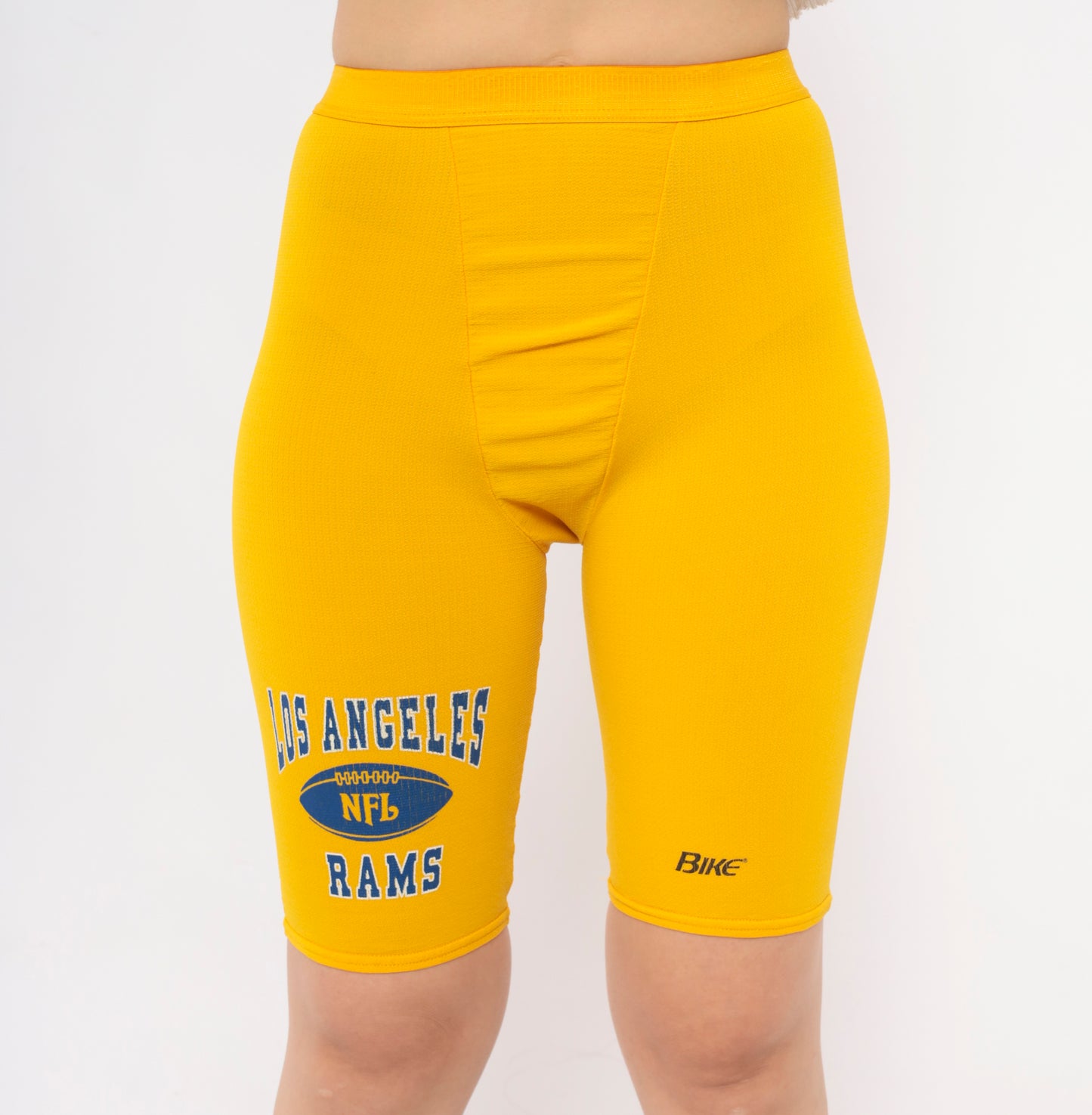 80s LA Rams NFL Bike Shorts Yellow Gold Compression Spandex Football Cycling Athletic Sportswear Graphic Vintage Activewear Extra Small XS