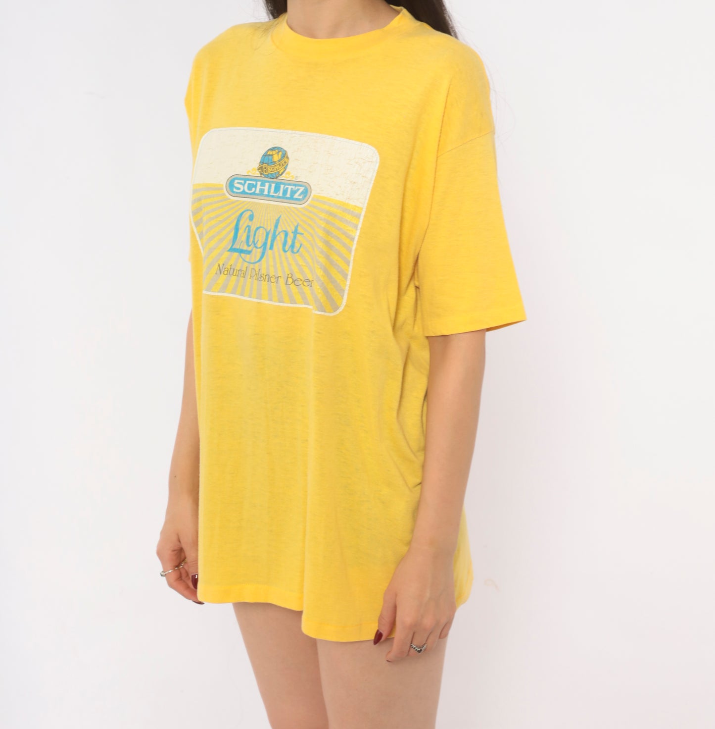 80s Schlitz Beer Tee Yellow Graphic Shirt Brewery Promo Pilsner Logo Cotton Boxy Gold Mustard Faded Worn Breweriana Vintage Extra Large XL