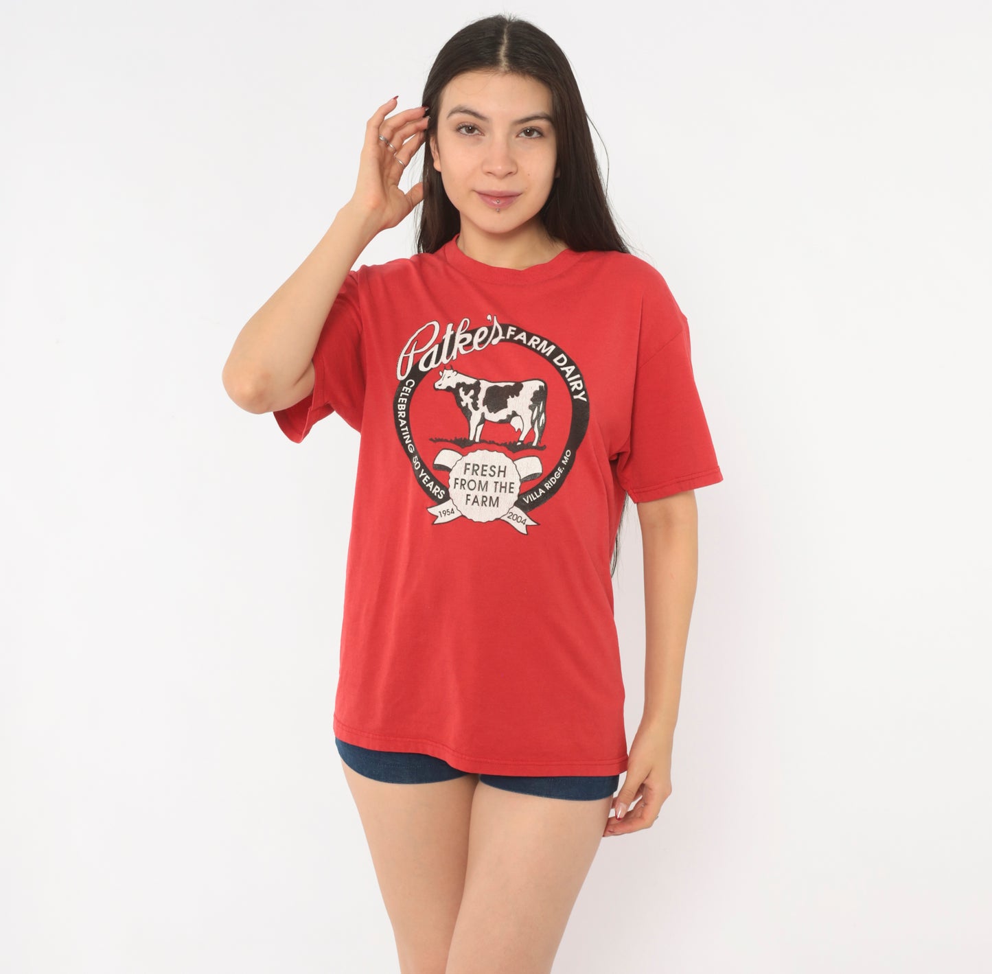 Patkes Farm Dairy Tee 90s Cow Graphic Print Red Cotton Shirt Villa Ridge Missouri Anniversary Vintage Short Sleeve Tomato Crimson Large L