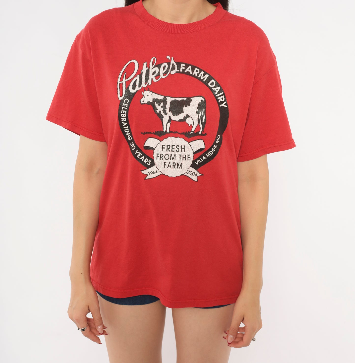 Patkes Farm Dairy Tee 90s Cow Graphic Print Red Cotton Shirt Villa Ridge Missouri Anniversary Vintage Short Sleeve Tomato Crimson Large L