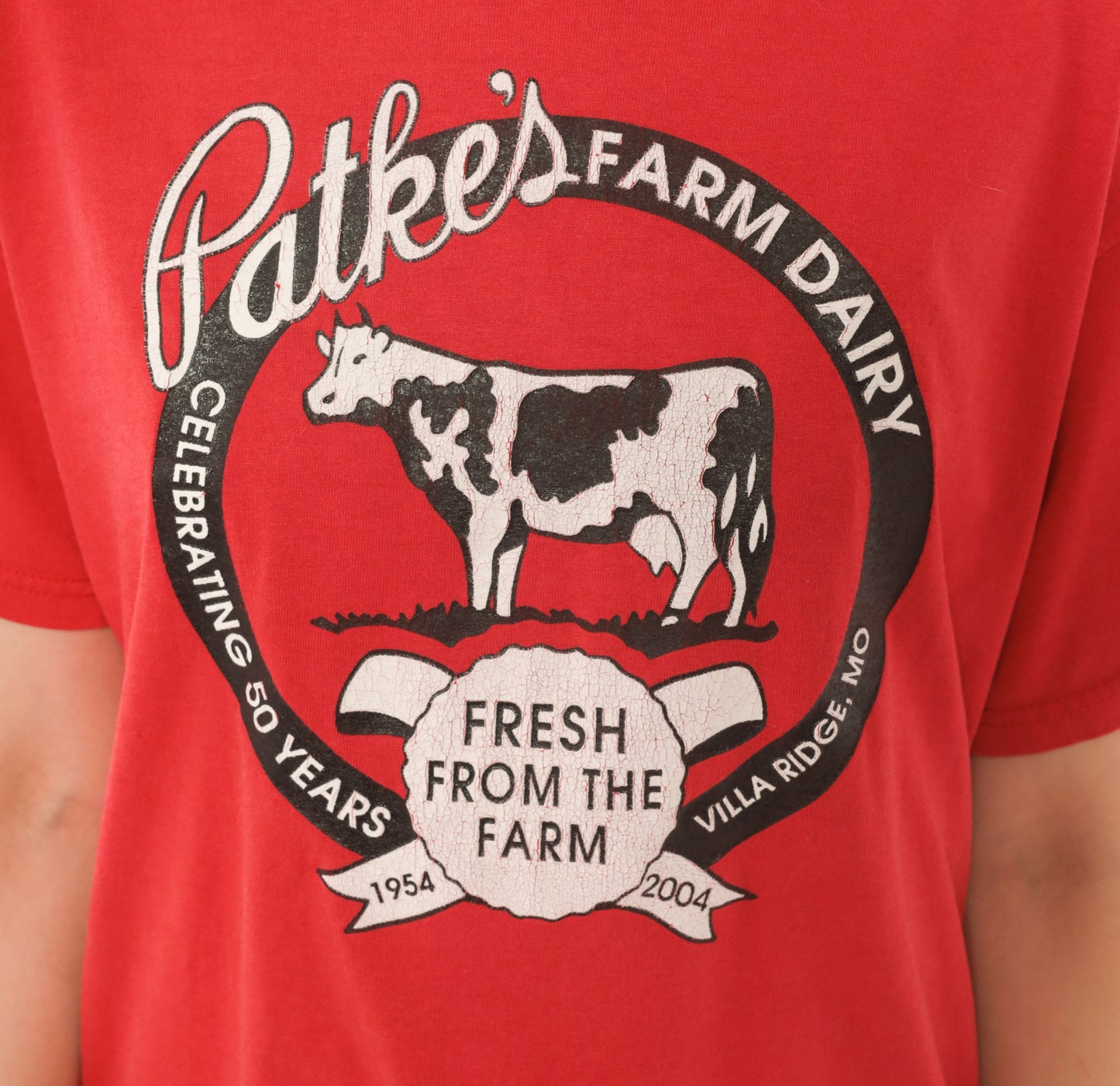 Patkes Farm Dairy Tee 90s Cow Graphic Print Red Cotton Shirt Villa Ridge Missouri Anniversary Vintage Short Sleeve Tomato Crimson Large L