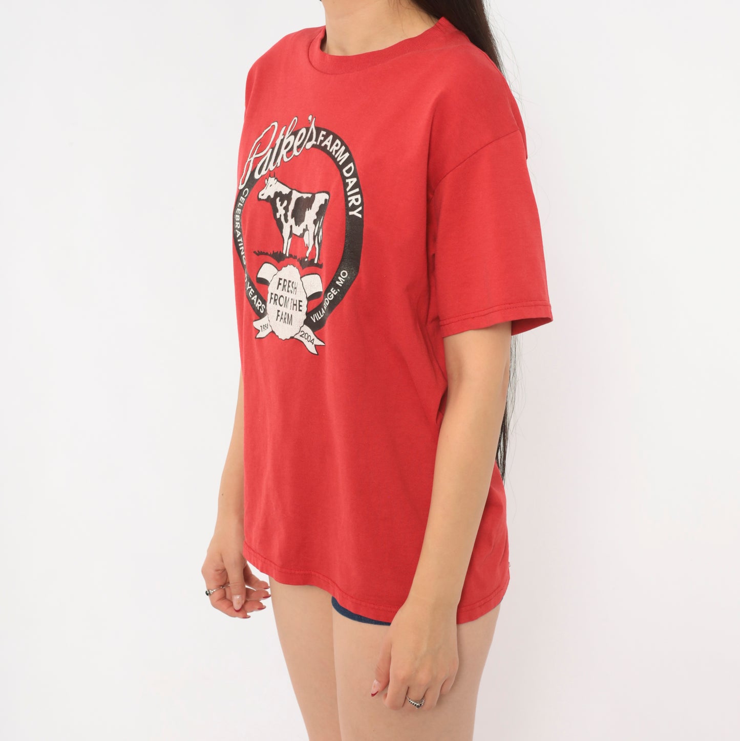 Patkes Farm Dairy Tee 90s Cow Graphic Print Red Cotton Shirt Villa Ridge Missouri Anniversary Vintage Short Sleeve Tomato Crimson Large L
