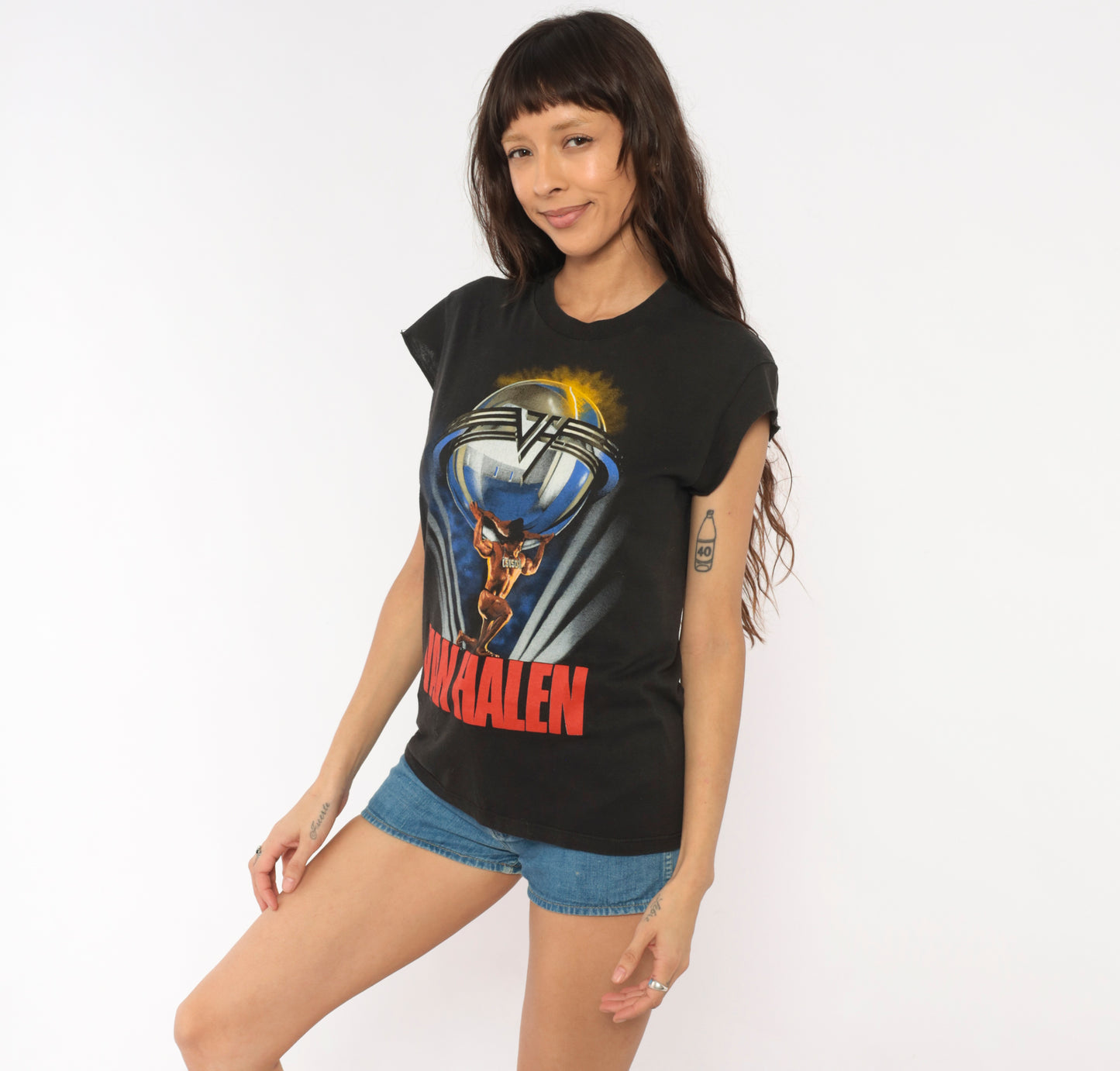 Van Halen 5150 Tour 1986 Band Tee Black Cotton Sleeveless Cut Off Muscle Shirt Rock Concert  Gold Red Vintage Cap Sleeve Worn Faded Small S