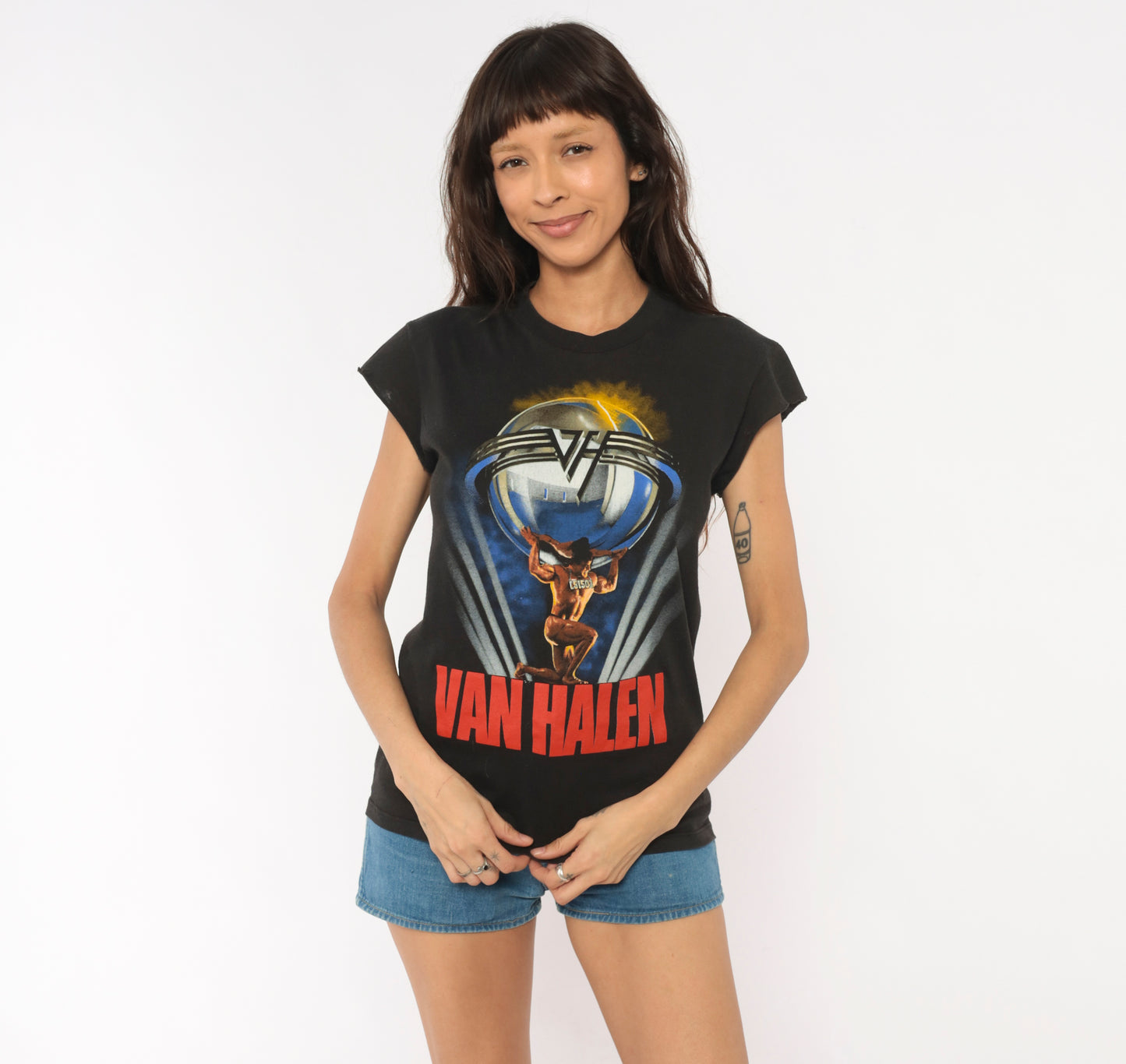 Van Halen 5150 Tour 1986 Band Tee Black Cotton Sleeveless Cut Off Muscle Shirt Rock Concert  Gold Red Vintage Cap Sleeve Worn Faded Small S
