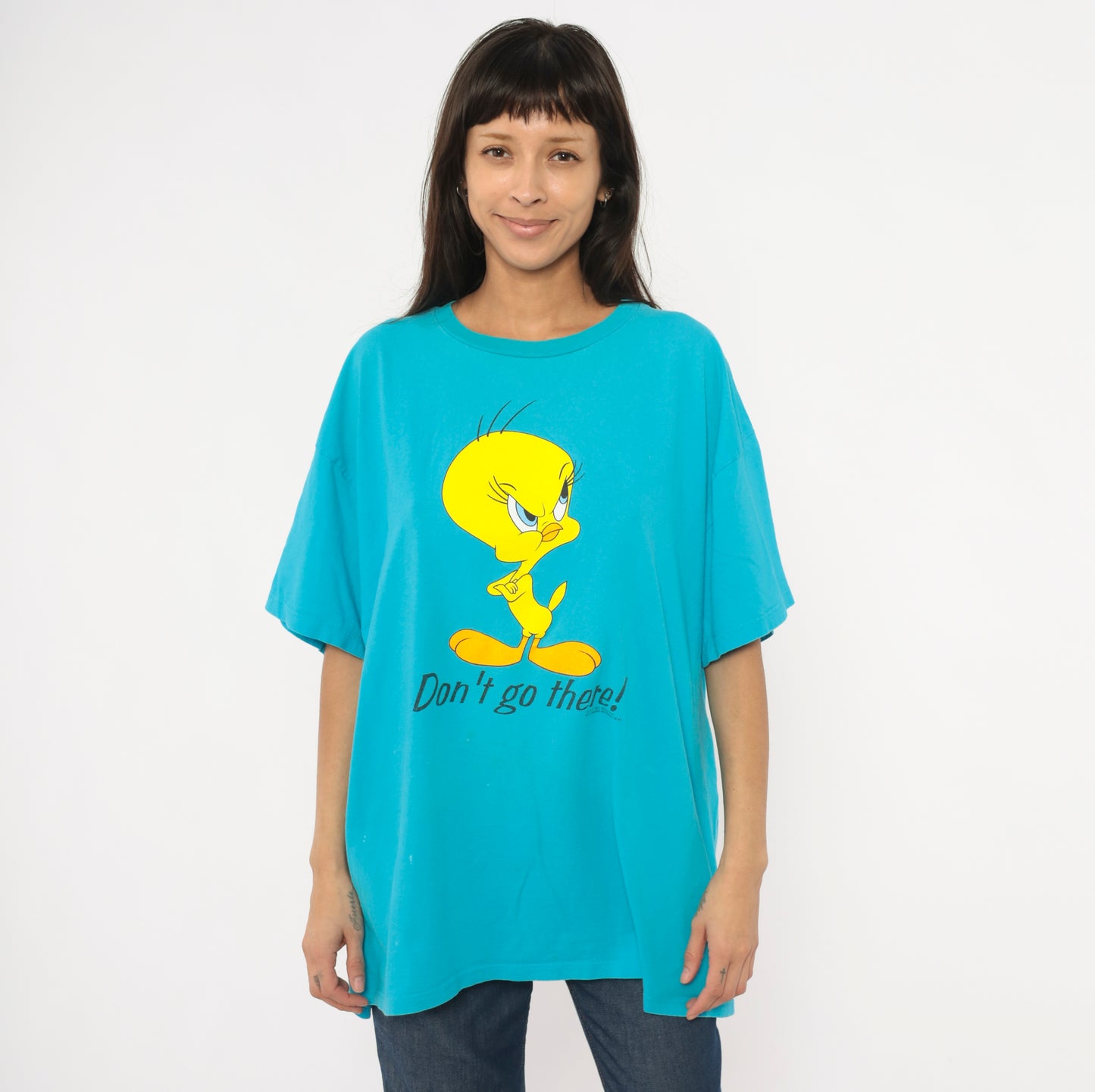 Tweety Bird Tee 90s Looney Tunes Cartoon Cobalt Blue Cotton Sleeve Boxy Fit Warner Bros Yellow Character Shirt One Size Fits Most OSFM