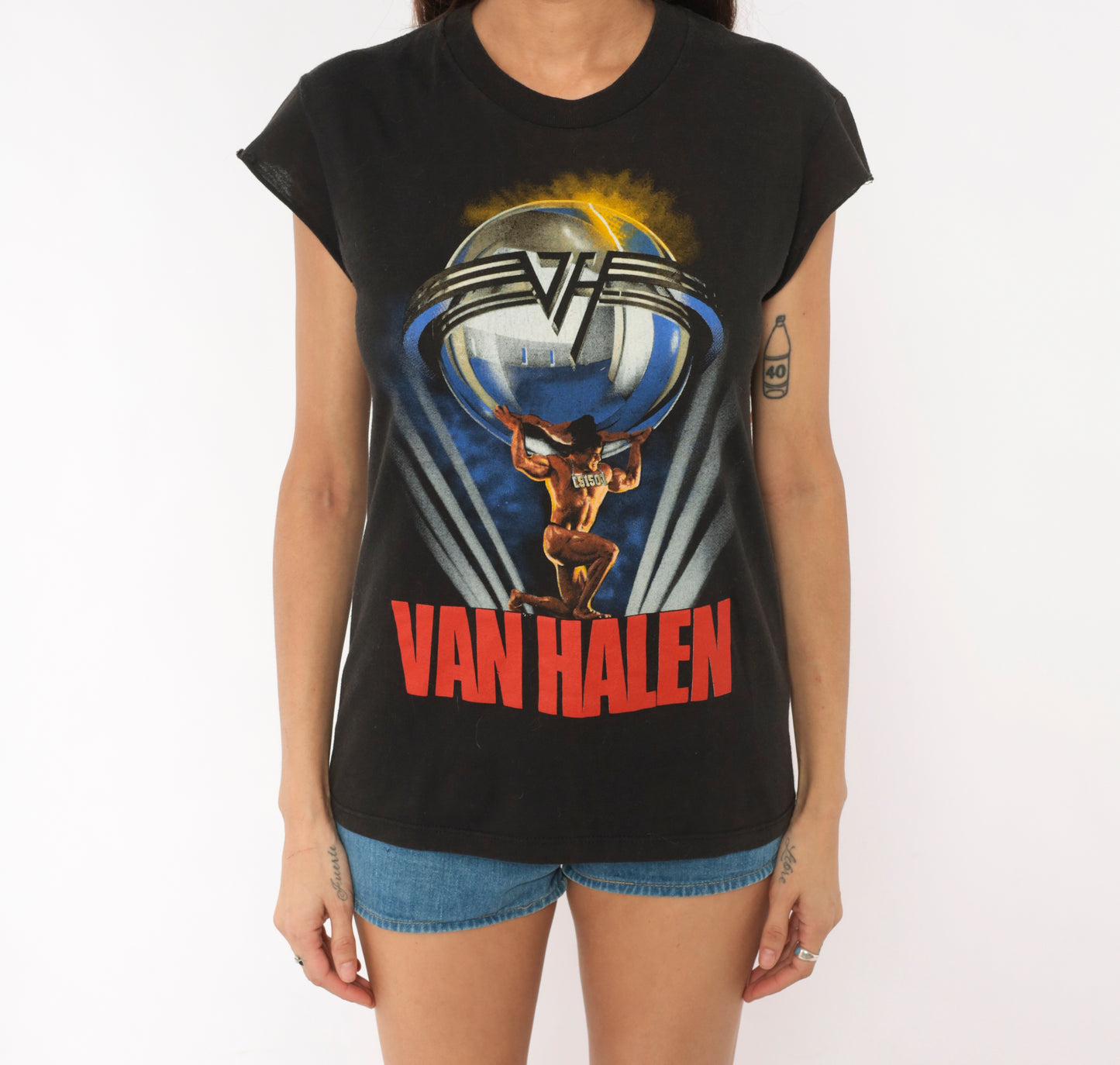 Van Halen 5150 Tour 1986 Band Tee Black Cotton Sleeveless Cut Off Muscle Shirt Rock Concert  Gold Red Vintage Cap Sleeve Worn Faded Small S