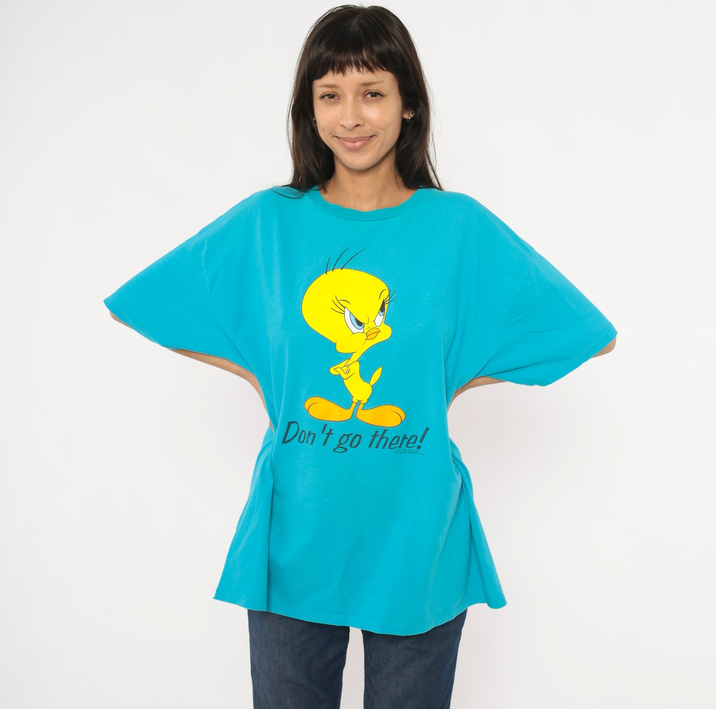 Tweety Bird Tee 90s Looney Tunes Cartoon Cobalt Blue Cotton Sleeve Boxy Fit Warner Bros Yellow Character Shirt One Size Fits Most OSFM