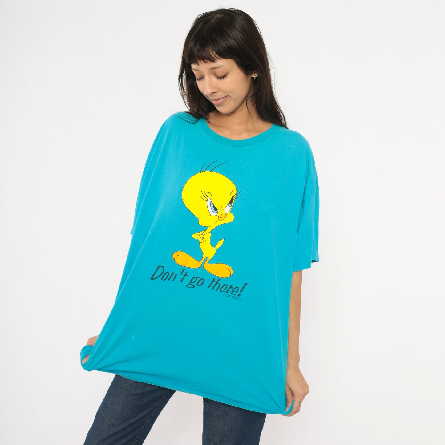 Tweety Bird Tee 90s Looney Tunes Cartoon Cobalt Blue Cotton Sleeve Boxy Fit Warner Bros Yellow Character Shirt One Size Fits Most OSFM