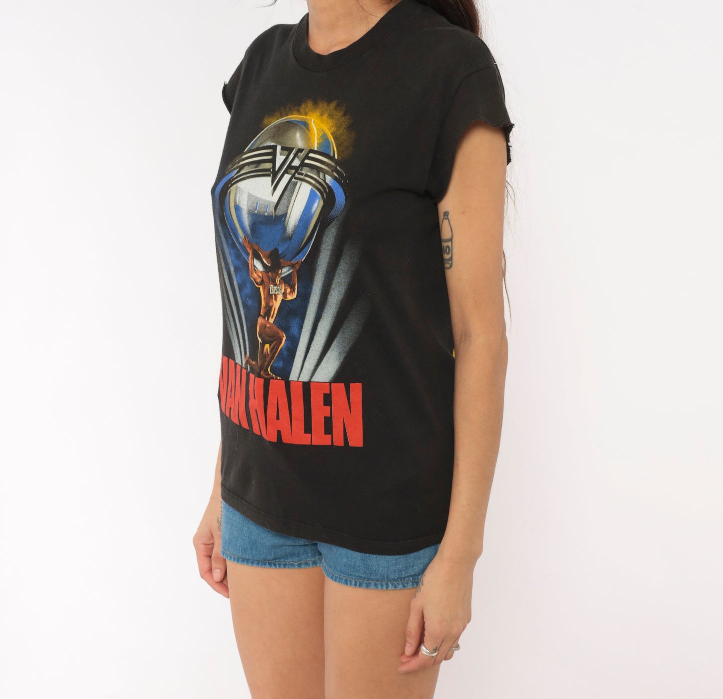 Van Halen 5150 Tour 1986 Band Tee Black Cotton Sleeveless Cut Off Muscle Shirt Rock Concert  Gold Red Vintage Cap Sleeve Worn Faded Small S