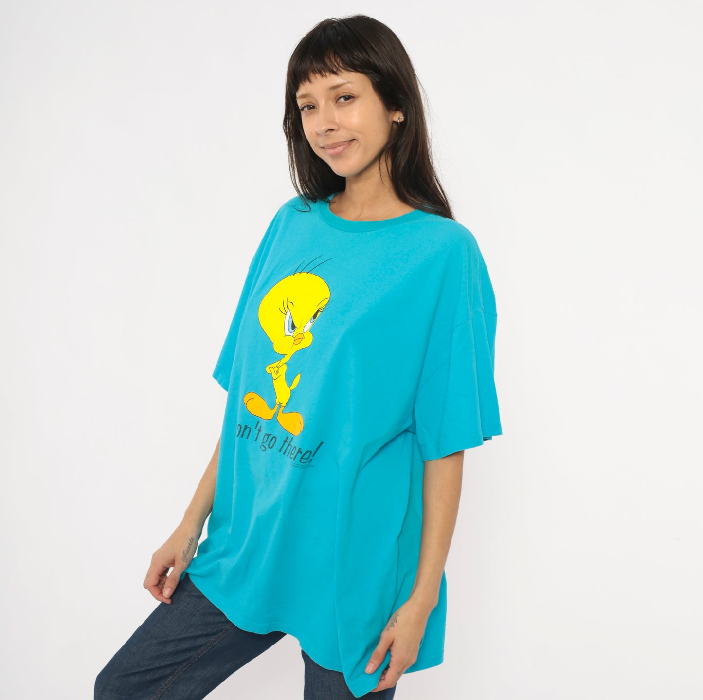 Tweety Bird Tee 90s Looney Tunes Cartoon Cobalt Blue Cotton Sleeve Boxy Fit Warner Bros Yellow Character Shirt One Size Fits Most OSFM