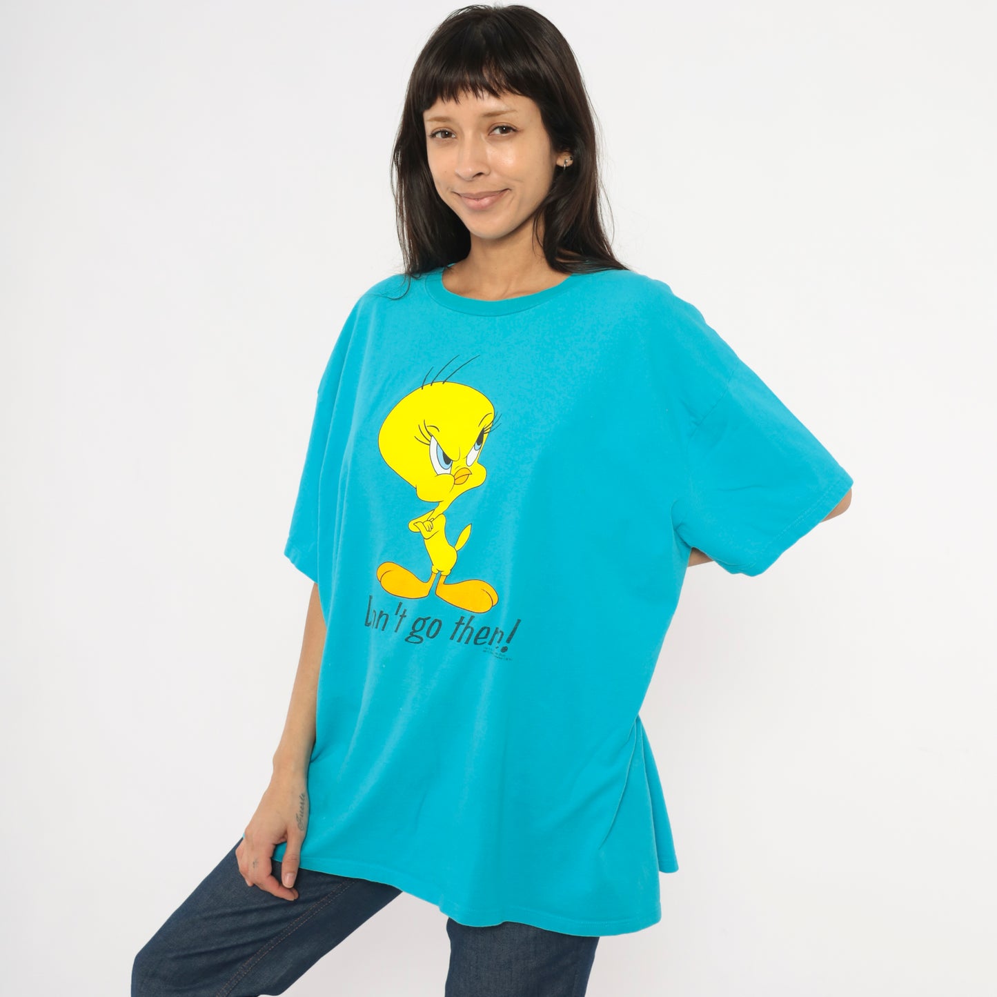 Tweety Bird Tee 90s Looney Tunes Cartoon Cobalt Blue Cotton Sleeve Boxy Fit Warner Bros Yellow Character Shirt One Size Fits Most OSFM