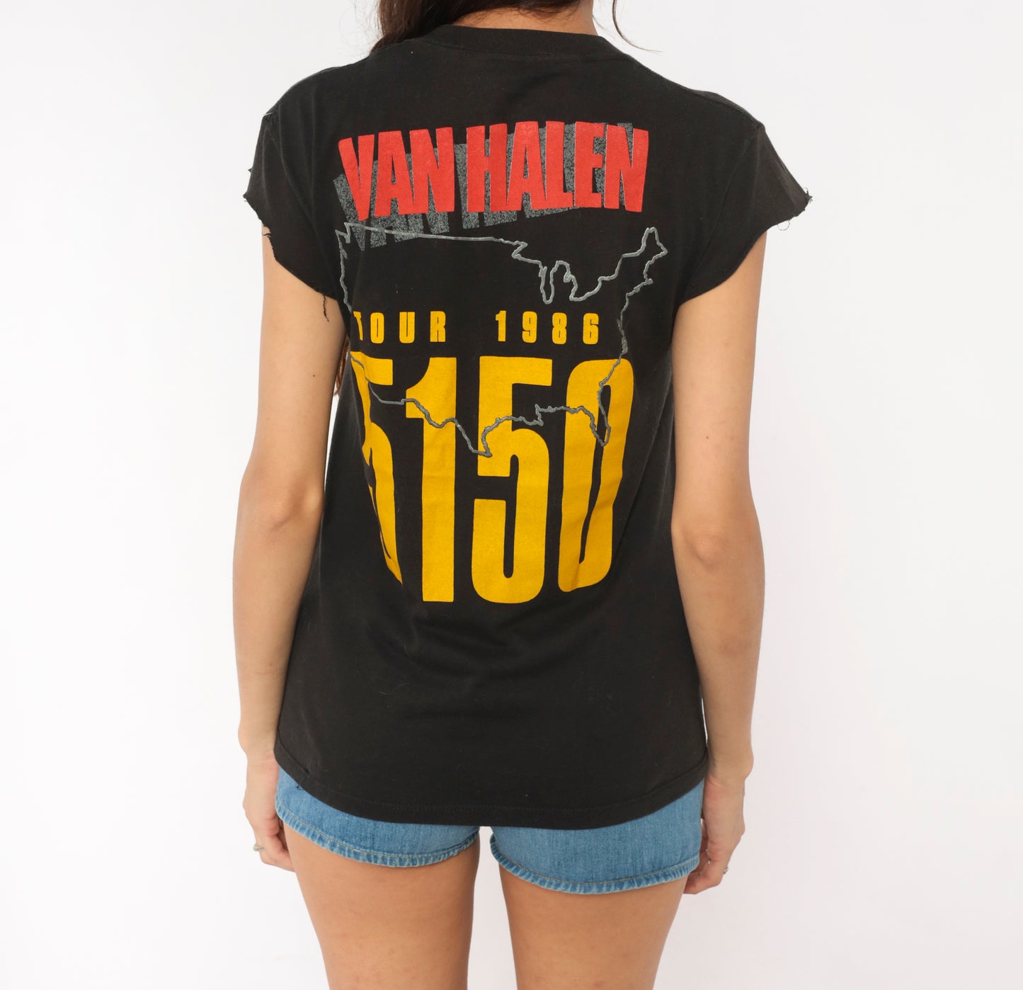 Van Halen 5150 Tour 1986 Band Tee Black Cotton Sleeveless Cut Off Muscle Shirt Rock Concert  Gold Red Vintage Cap Sleeve Worn Faded Small S