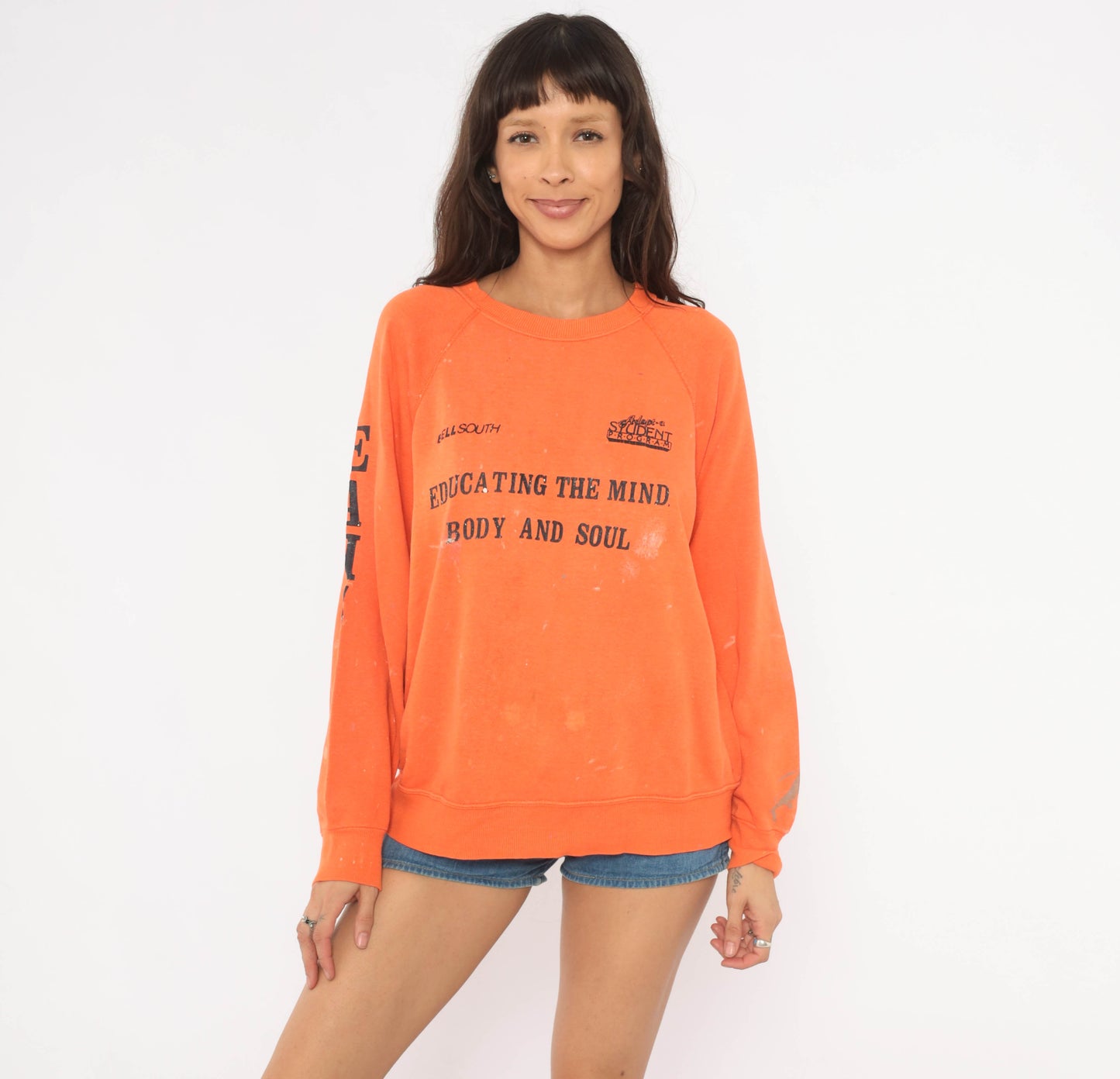 BellSouth Adopt A Student Program 90s Sweatshirt Orange Raglan Sleeve Pullover Vintage Collegiate Athletic Streetwear Unisex Extra Large XL