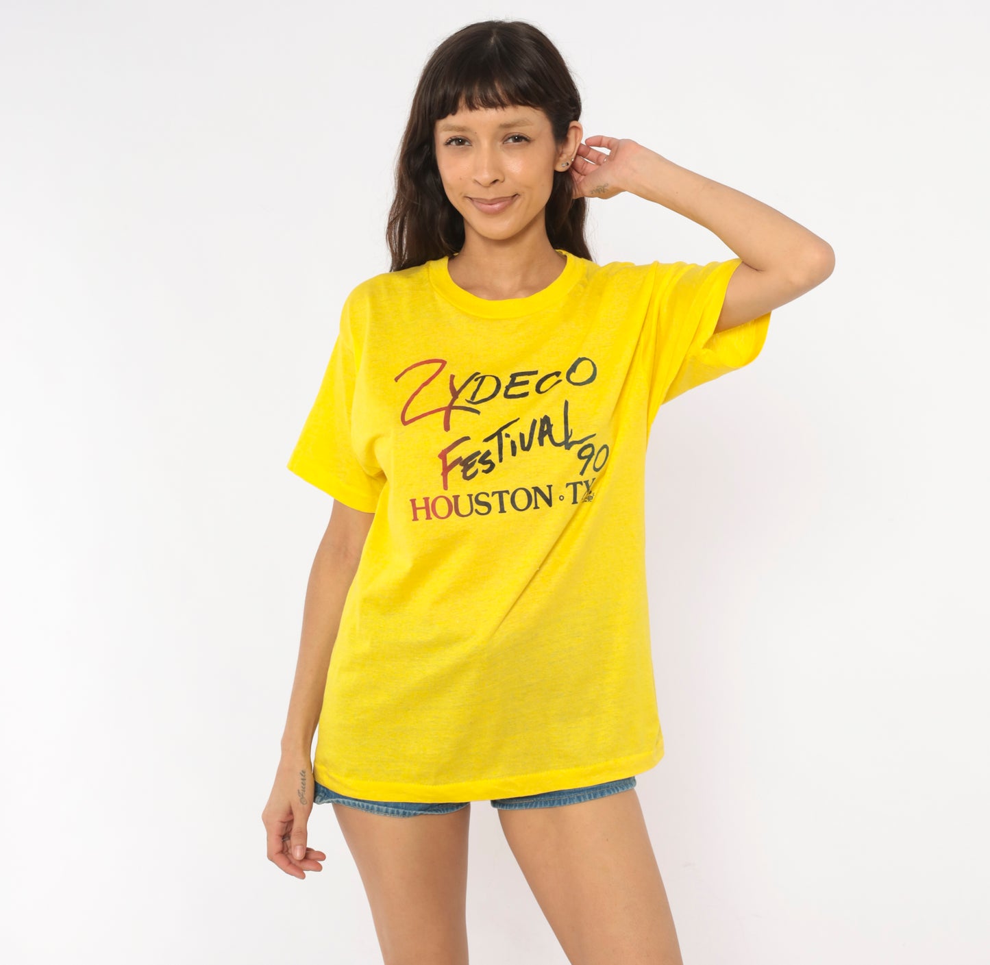 90 Zydeco Festival Houston Texas Tee Yellow Music Shirt Screen Stars Band Top Short Sleeve Graphic Gold Lemon Cotton Vintage Unisex Large L