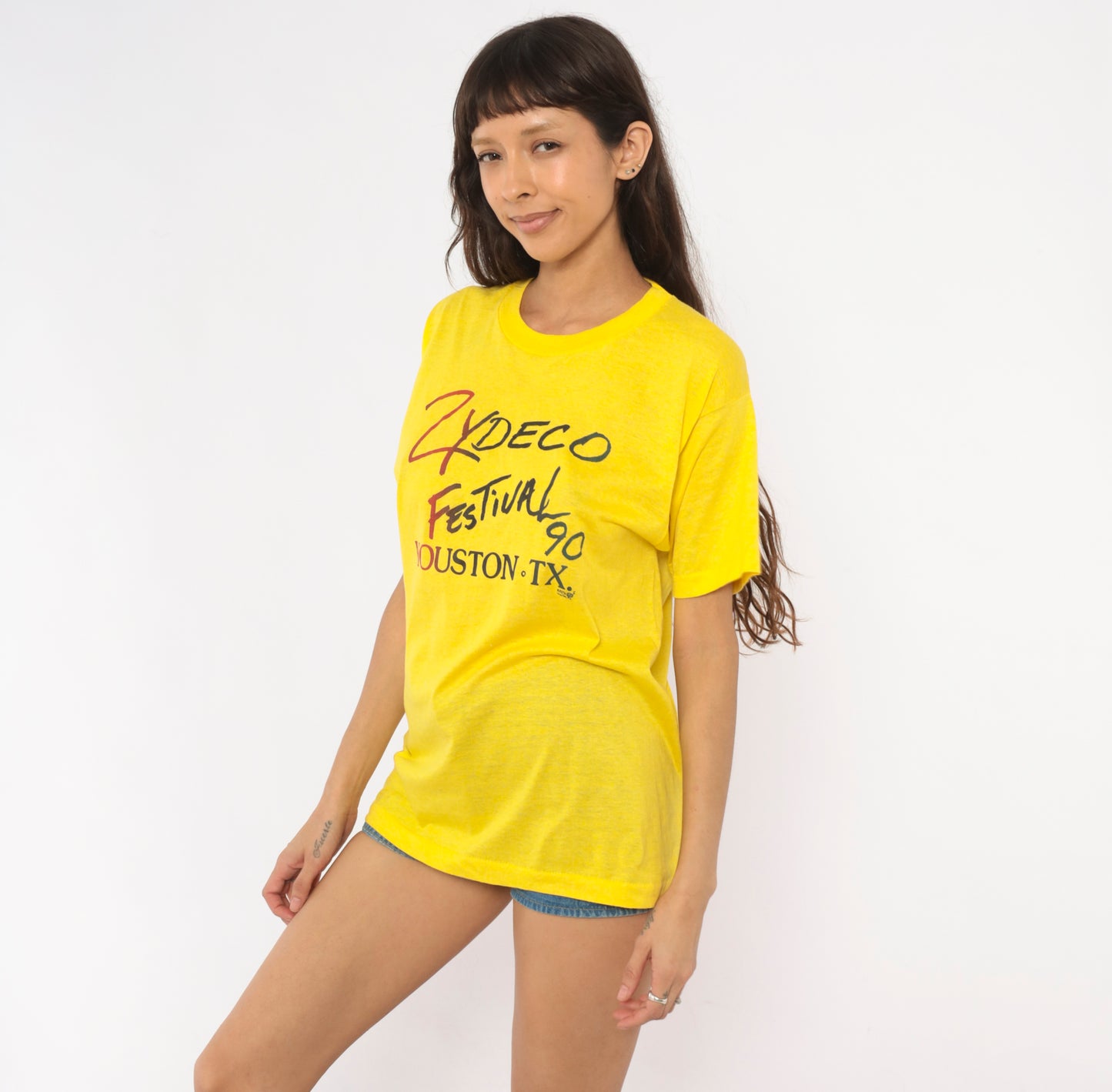 90 Zydeco Festival Houston Texas Tee Yellow Music Shirt Screen Stars Band Top Short Sleeve Graphic Gold Lemon Cotton Vintage Unisex Large L