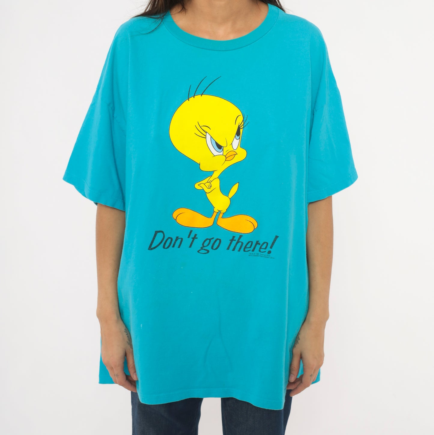 Tweety Bird Tee 90s Looney Tunes Cartoon Cobalt Blue Cotton Sleeve Boxy Fit Warner Bros Yellow Character Shirt One Size Fits Most OSFM