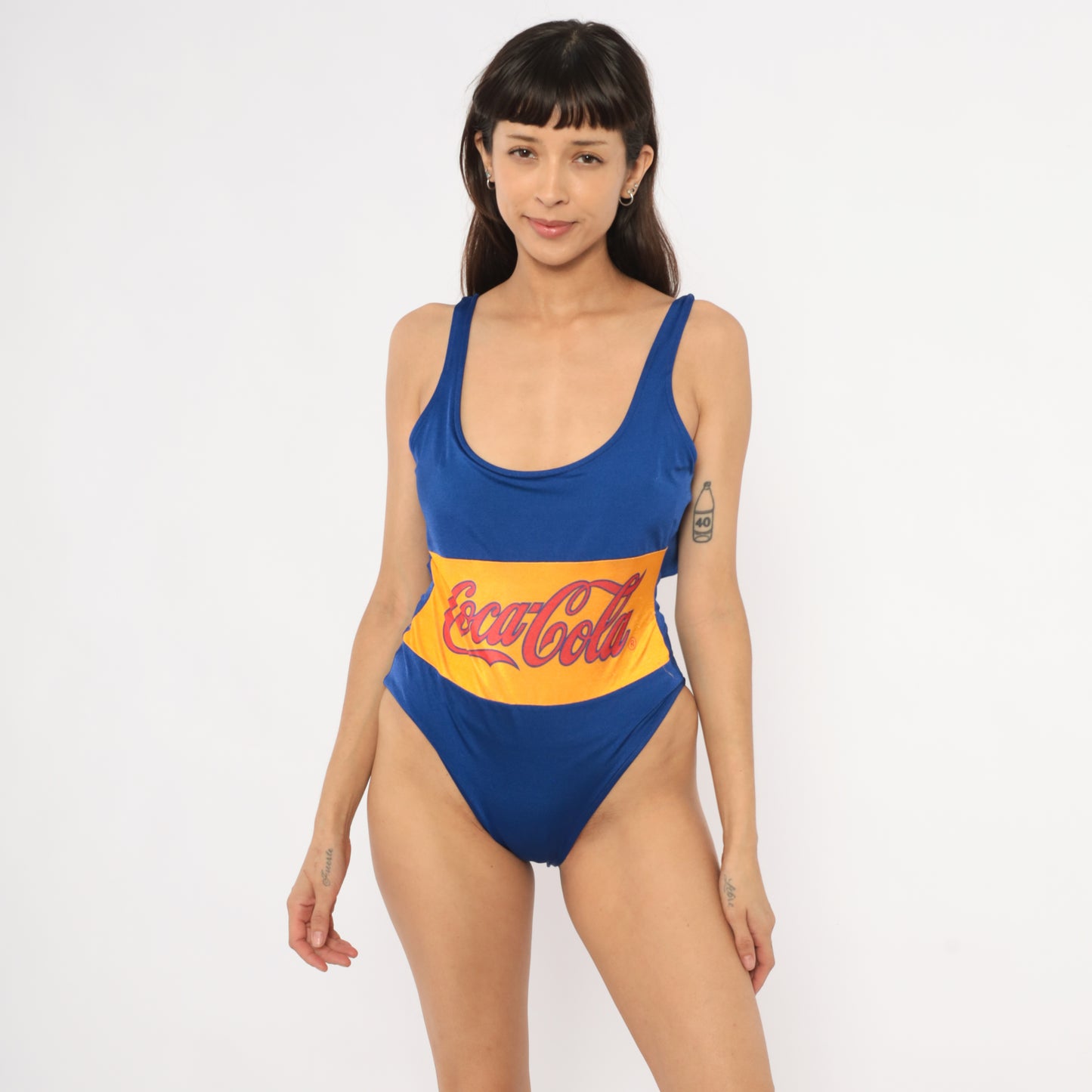 Coca Cola Swimsuit 80s One Piece Bathing Suit Cobalt Blue Yellow Low Back Swim Bodysuit Vintage Beach Pool Summer Pin Up Medium Large M L