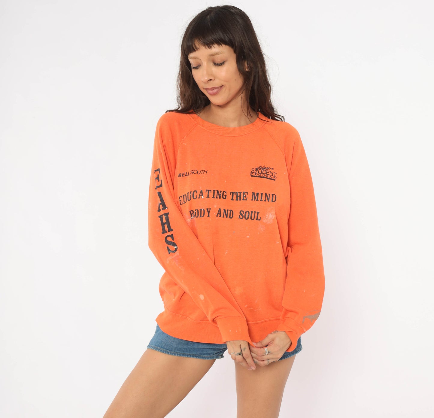 BellSouth Adopt A Student Program 90s Sweatshirt Orange Raglan Sleeve Pullover Vintage Collegiate Athletic Streetwear Unisex Extra Large XL