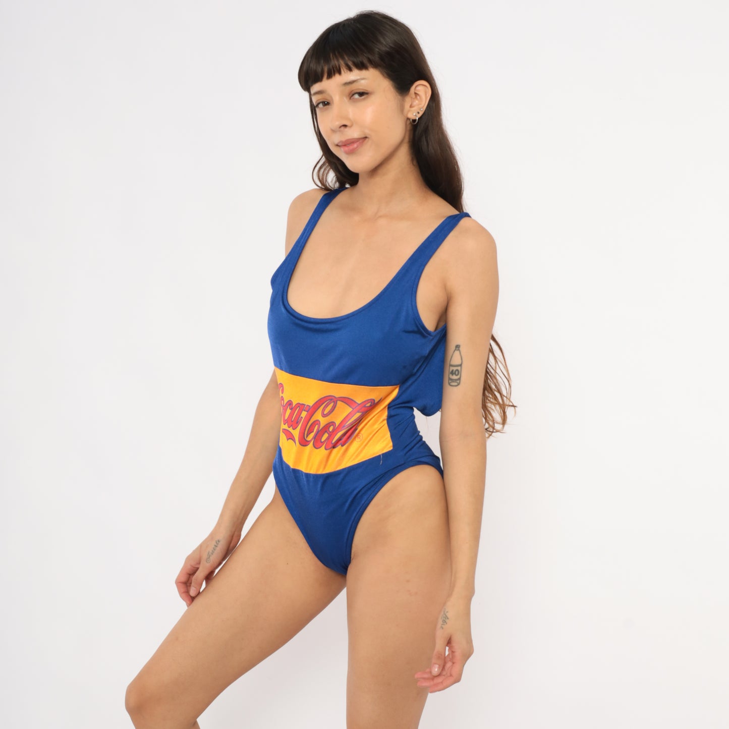 Coca Cola Swimsuit 80s One Piece Bathing Suit Cobalt Blue Yellow Low Back Swim Bodysuit Vintage Beach Pool Summer Pin Up Medium Large M L