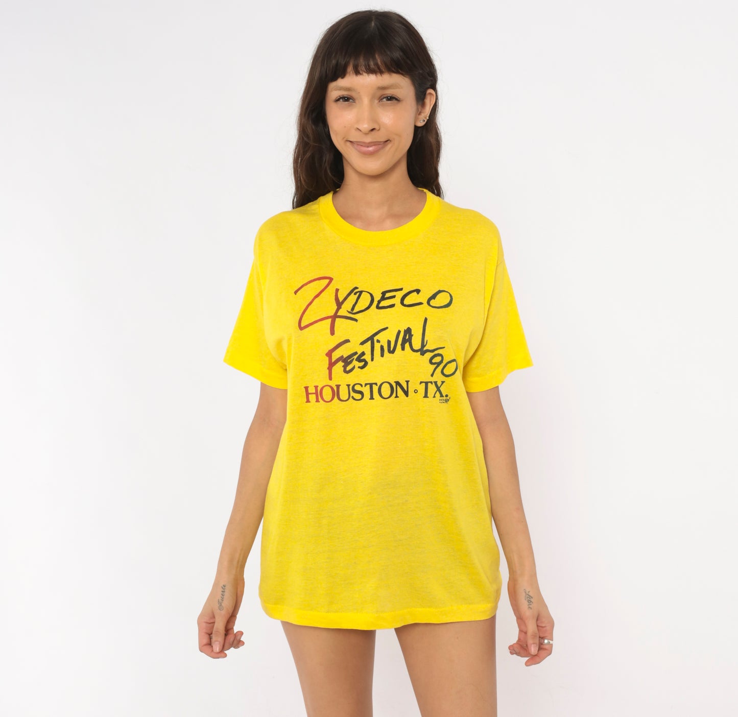 90 Zydeco Festival Houston Texas Tee Yellow Music Shirt Screen Stars Band Top Short Sleeve Graphic Gold Lemon Cotton Vintage Unisex Large L