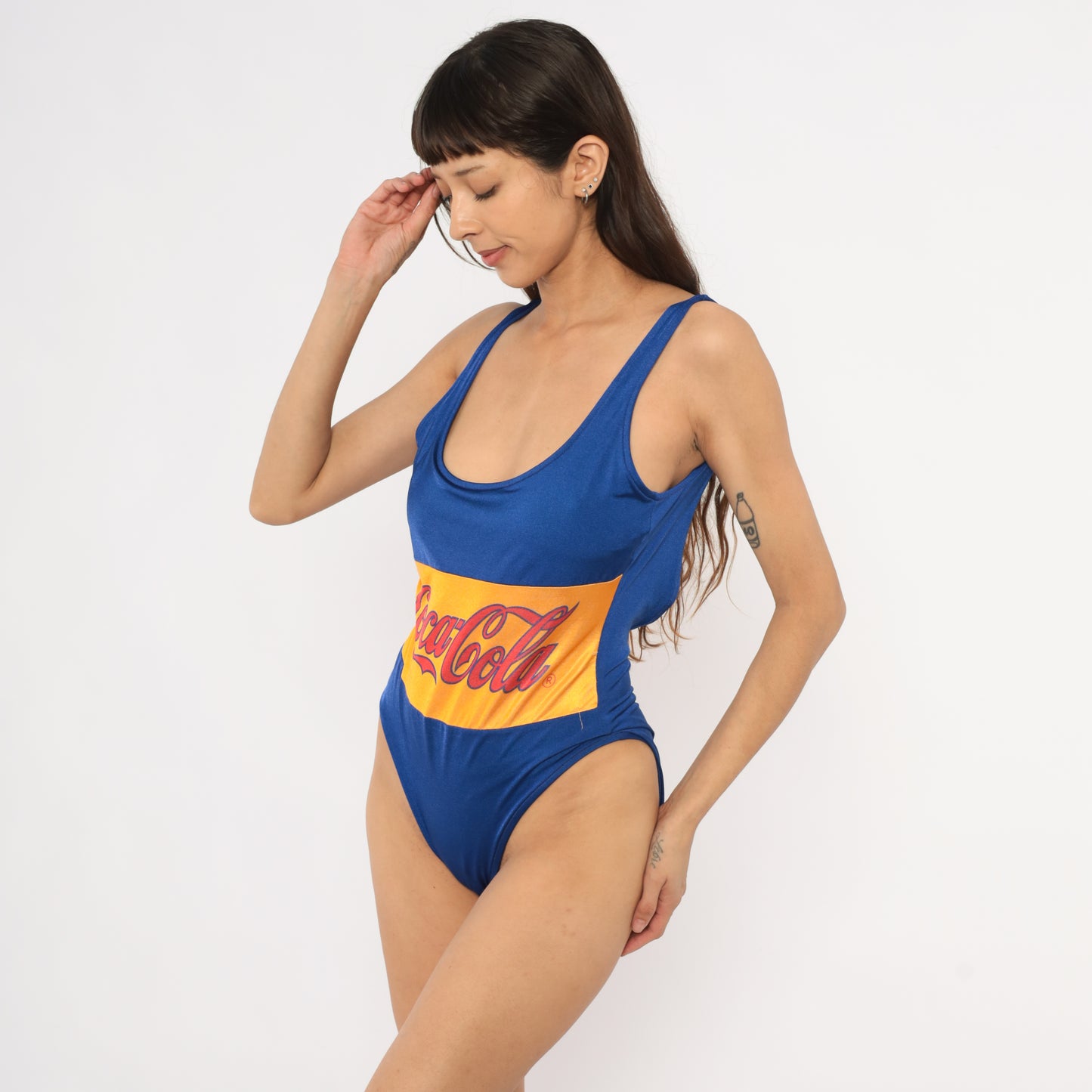 Coca Cola Swimsuit 80s One Piece Bathing Suit Cobalt Blue Yellow Low Back Swim Bodysuit Vintage Beach Pool Summer Pin Up Medium Large M L
